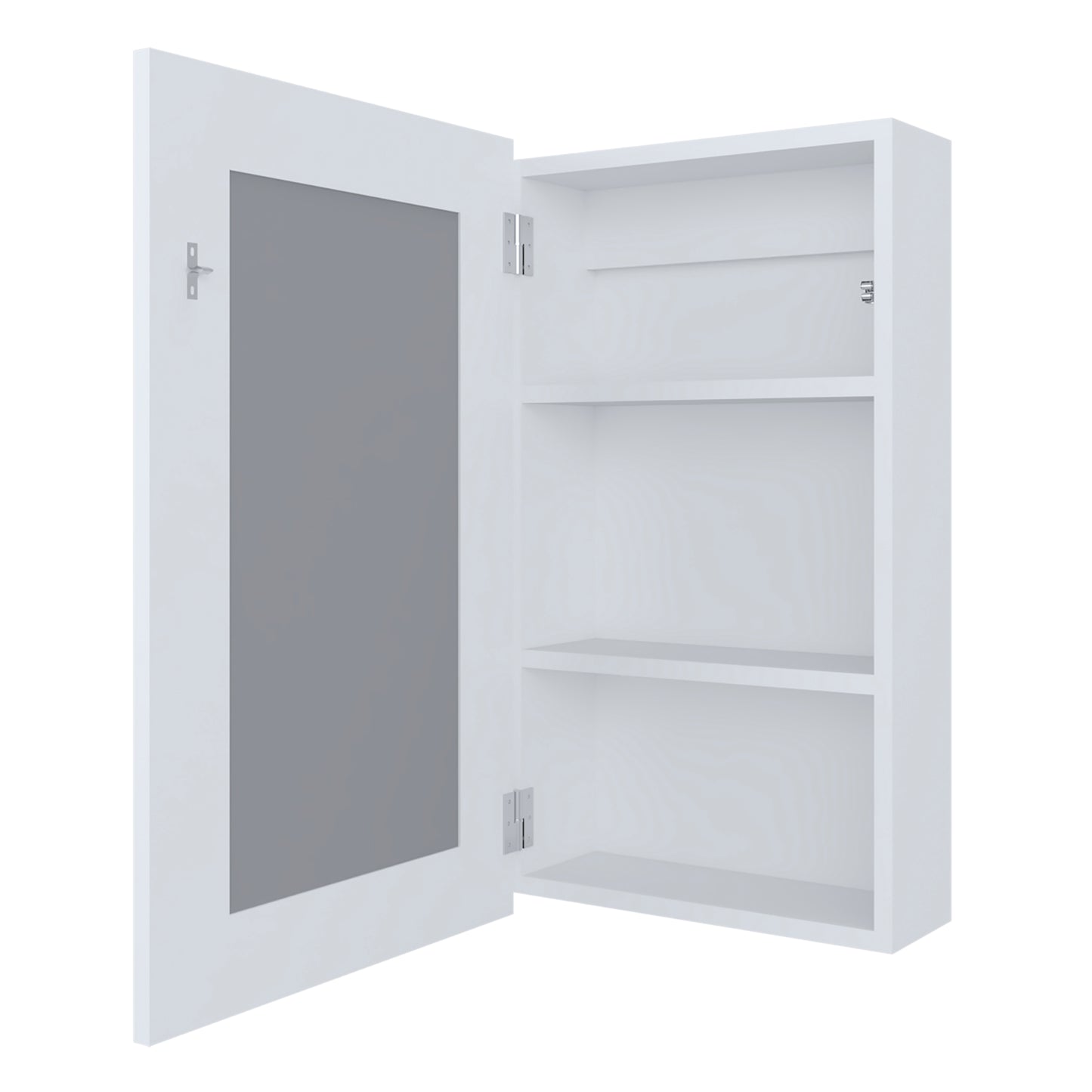 White medicine cabinet with mirrored door and two interior shelves