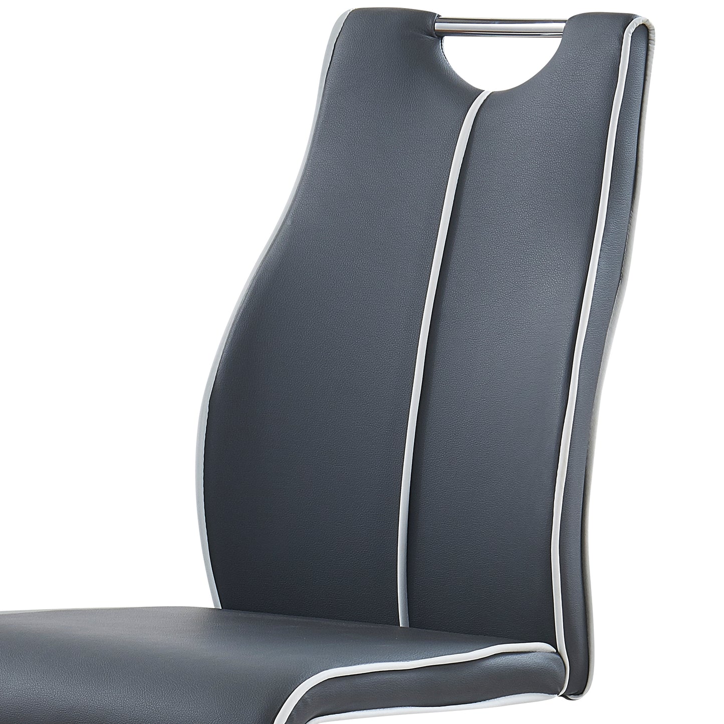 Dark grey faux leather dining chair with white piping and chrome accent
