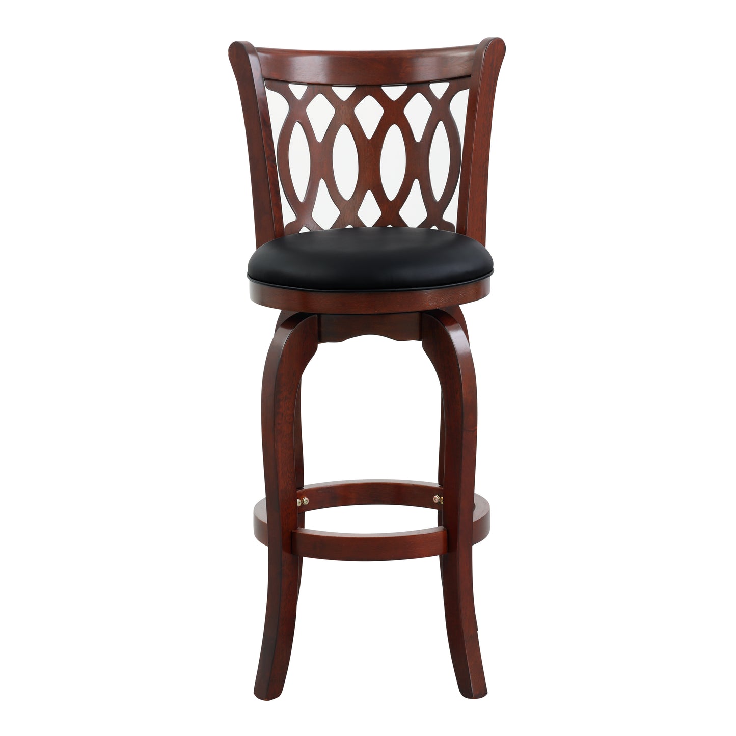 Cherry wood swivel bar stool with black vinyl seat and ornate back
