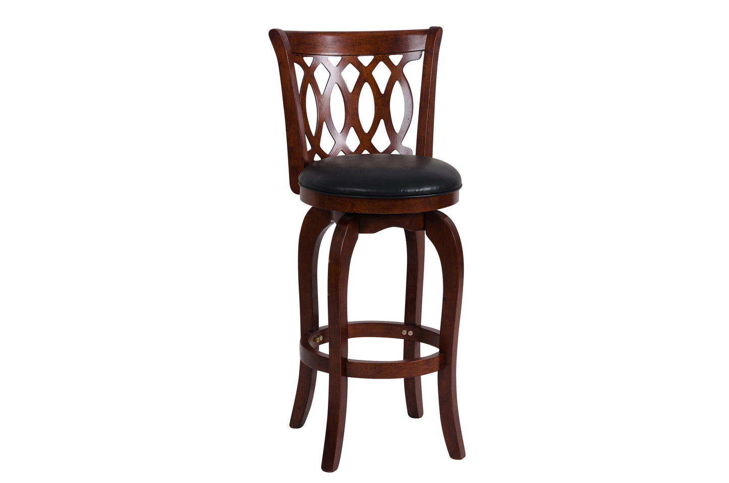 Dark cherry wood swivel bar stool with black leather seat and ornate back