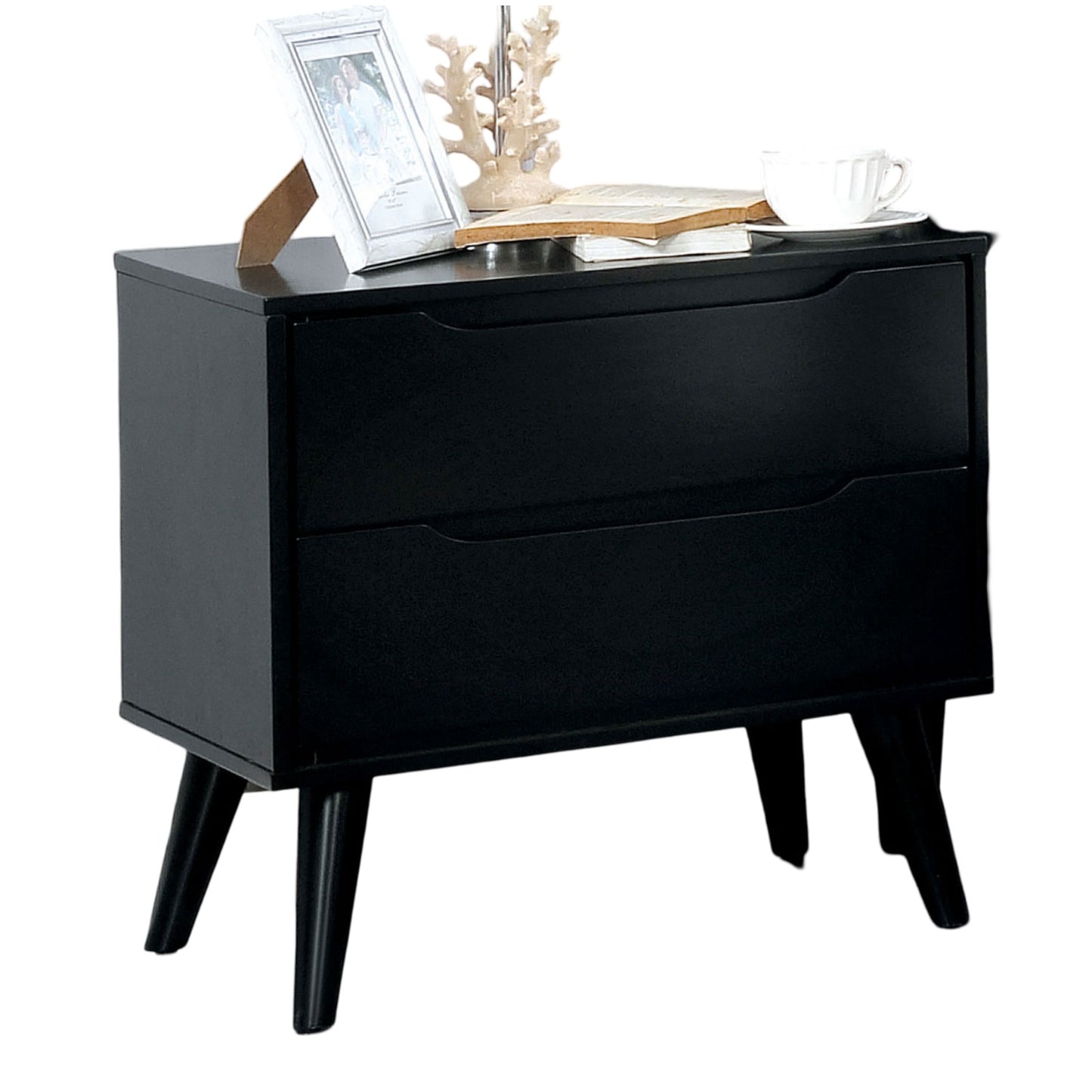 Sleek black nightstand with two drawers and angled legs perfect for modern bedrooms