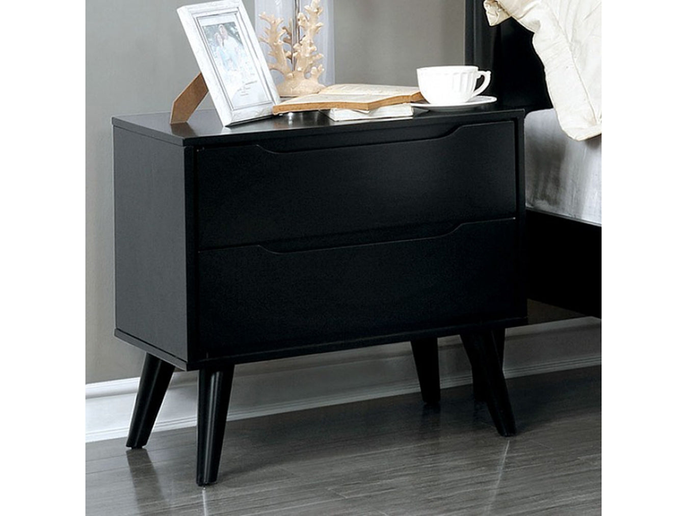 Black midcentury modern nightstand with two drawers perfect for bedroom storage