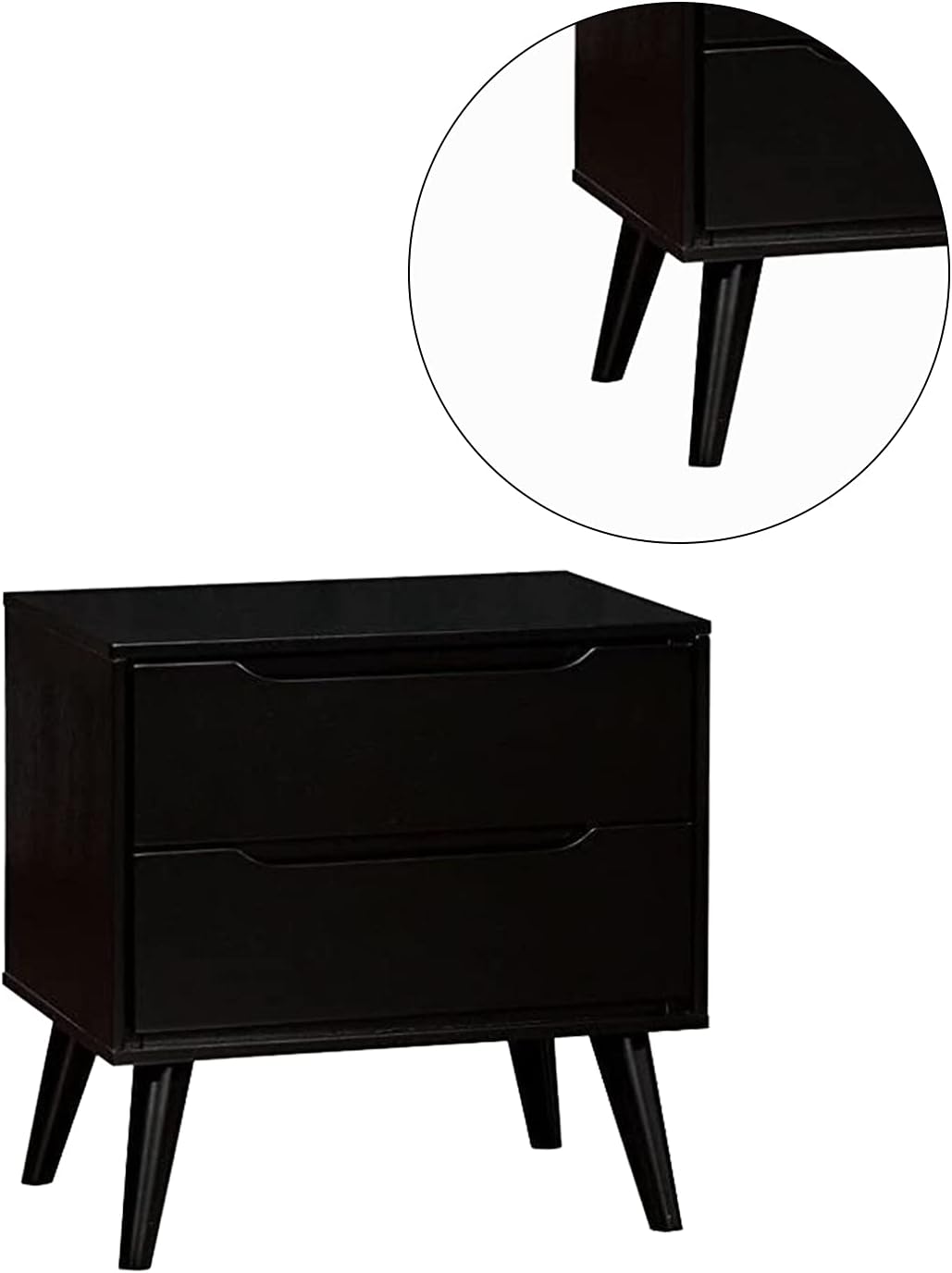 Black twodrawer nightstand with tapered legs midcentury modern design