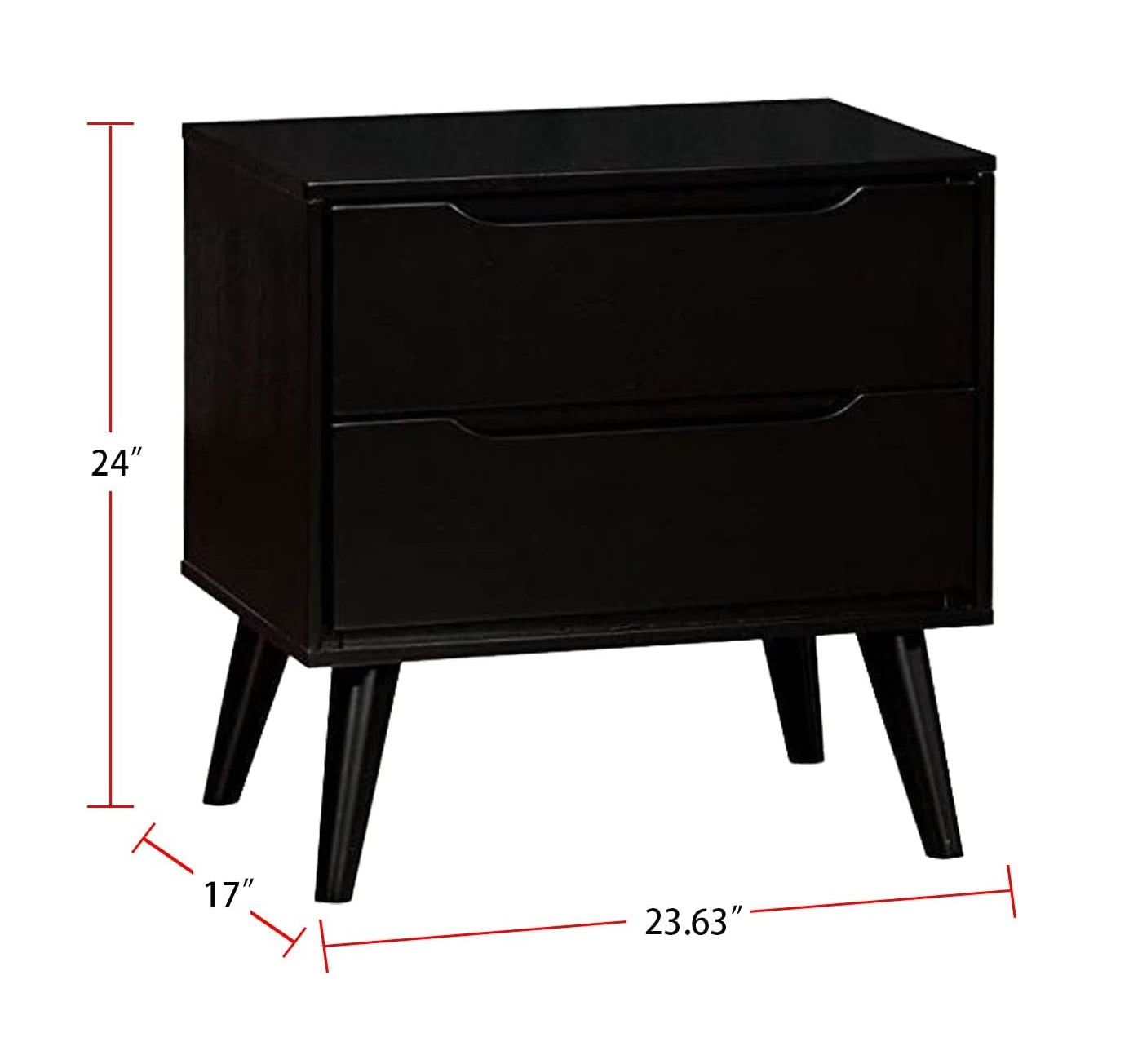 Black drawer nightstand with tapered legs and integrated drawer pulls in height