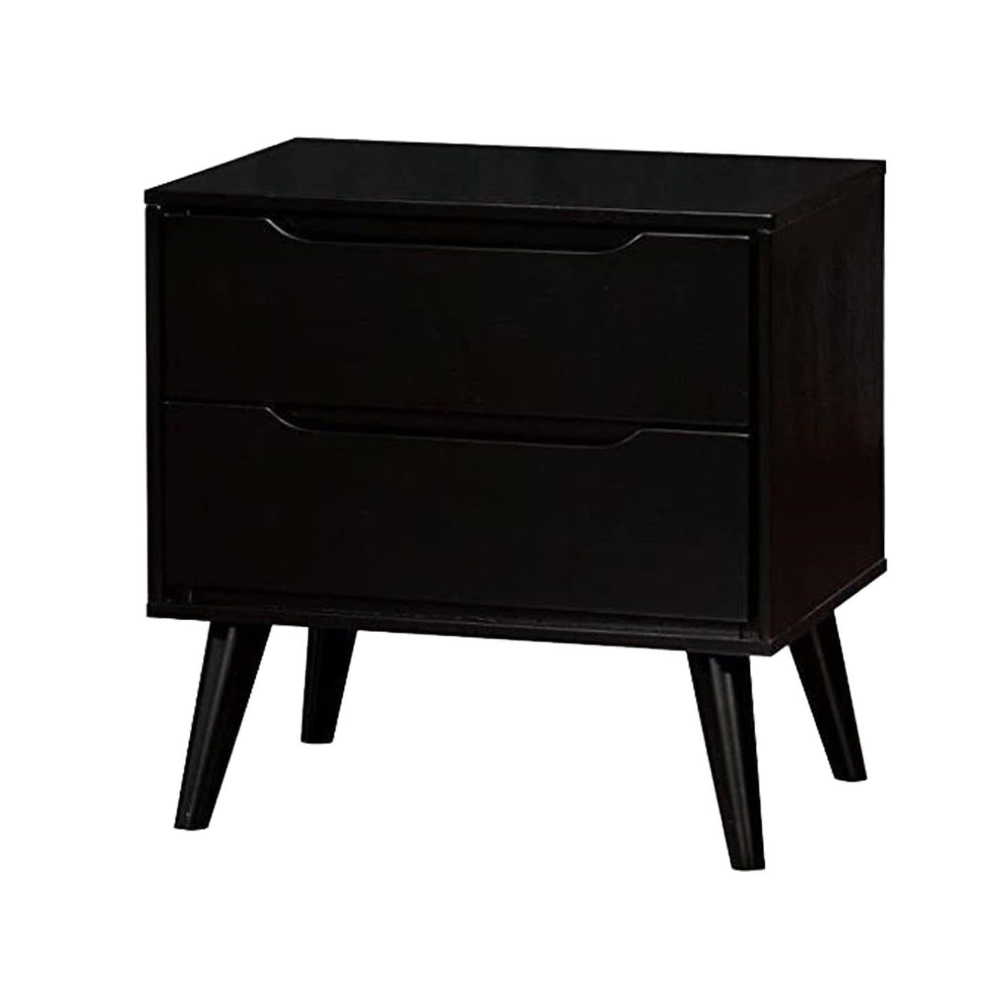 Sleek black twodrawer nightstand with angled midcentury modern legs