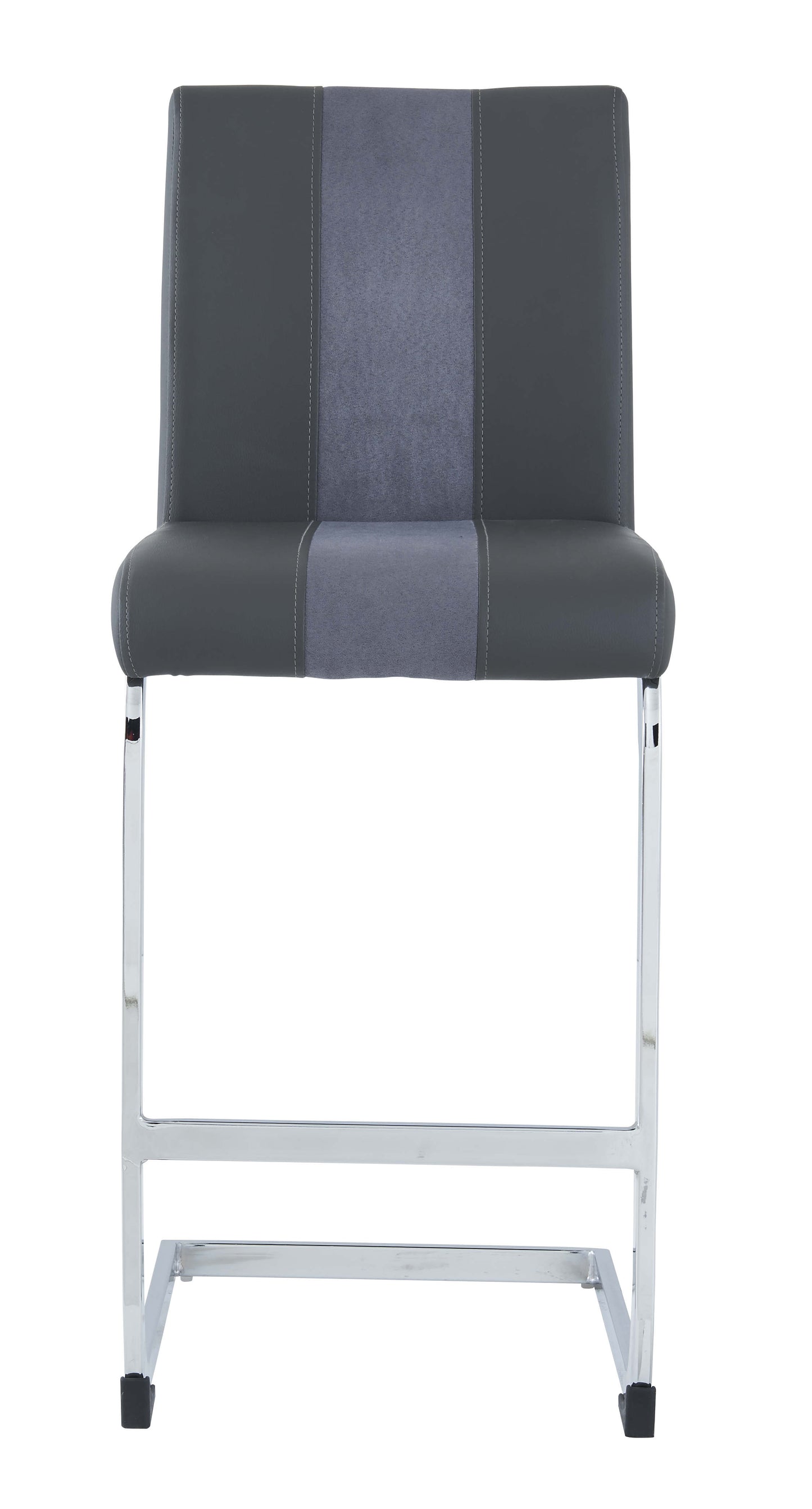 Grey upholstered counter stool with silver chrome legs and black feet