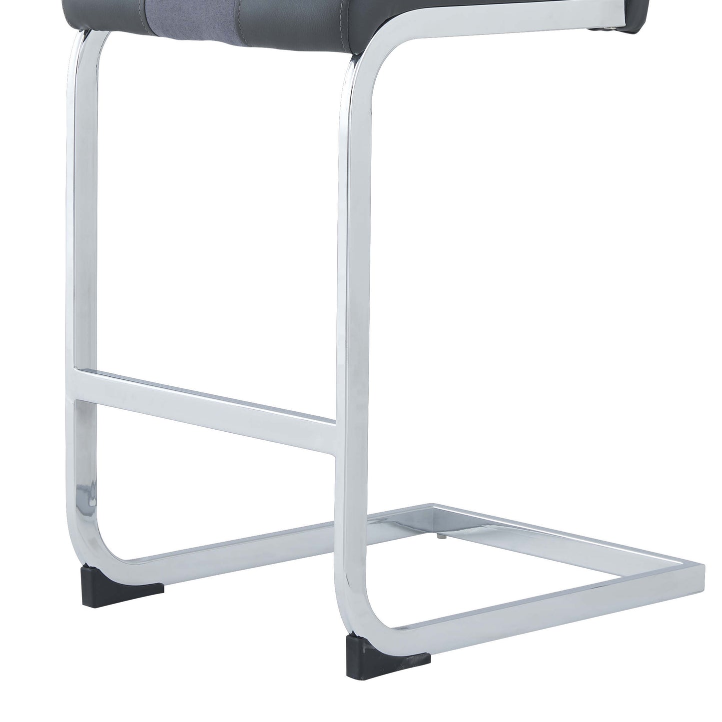 Modern counter stool with gray leather and fabric upholstery on a chrome cantilever base