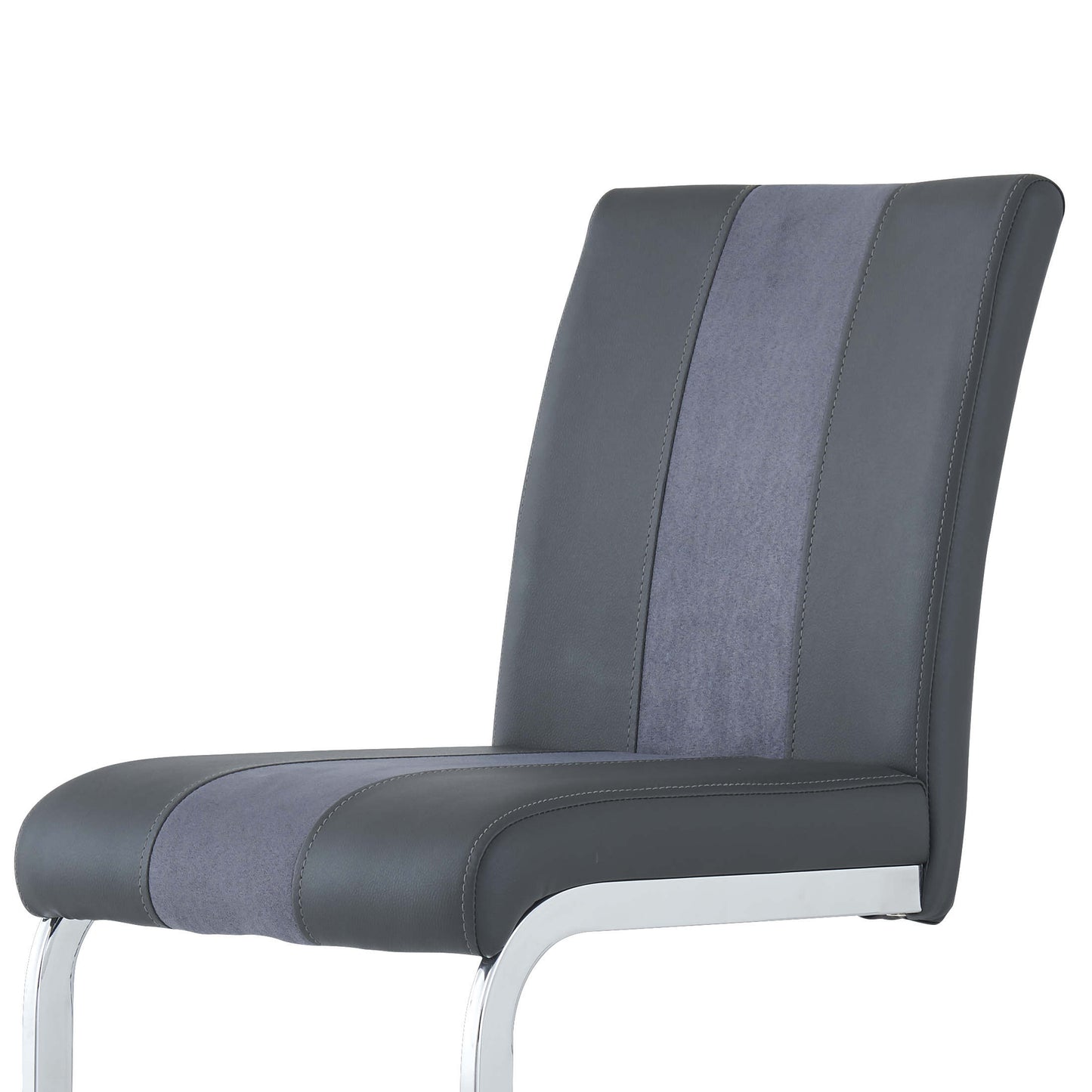 Gray faux leather and suede accent dining chair with chrome legs