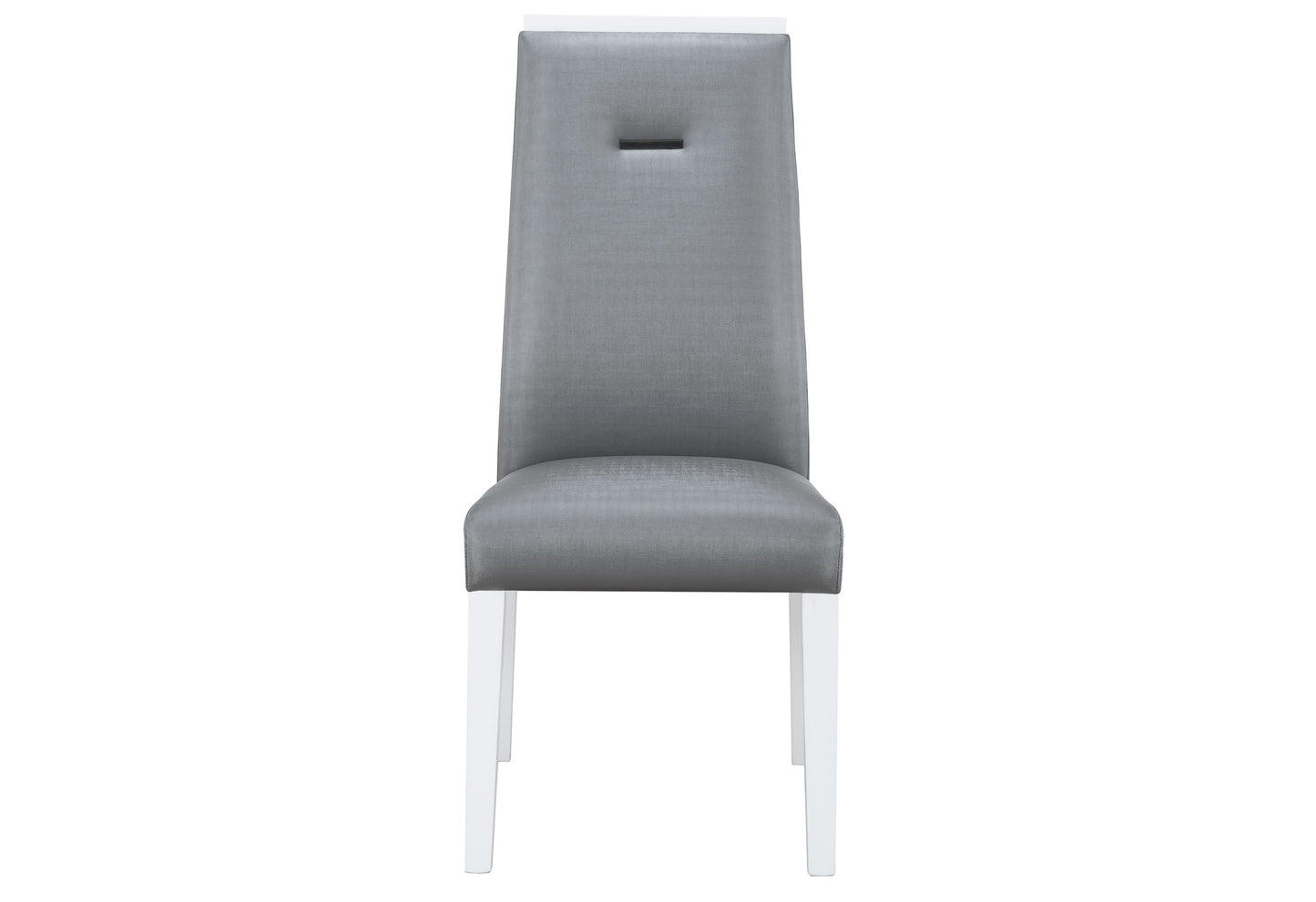 Modern grey fabric dining chair with white wooden legs and button detail
