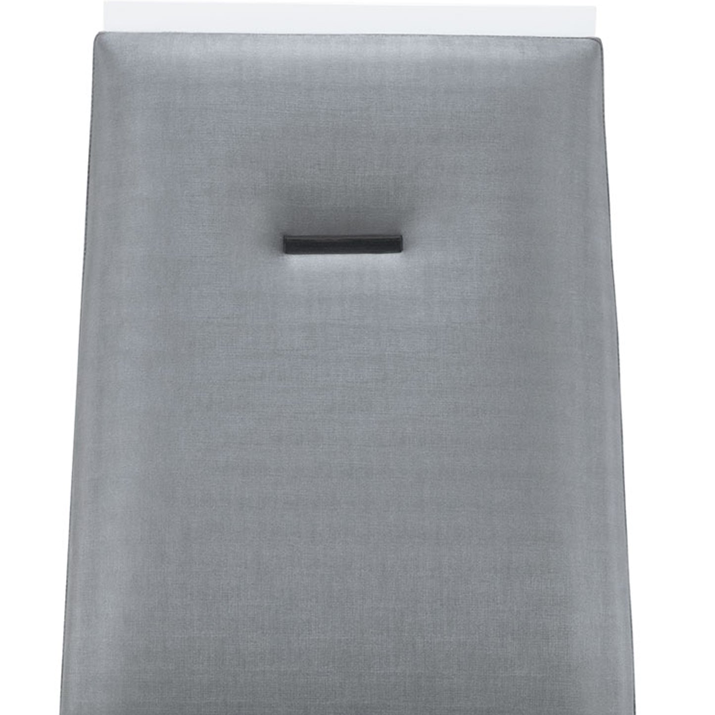 Tufted grey upholstered bar stool with white wood trim