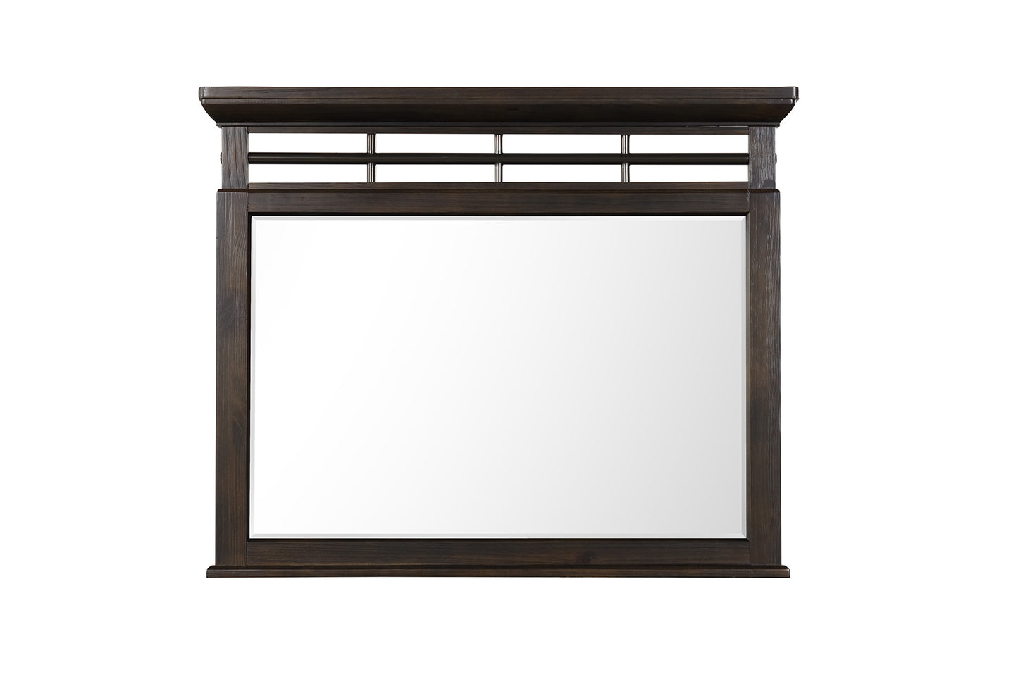 Dark wood accent mirror with decorative top lattice for modern living rooms