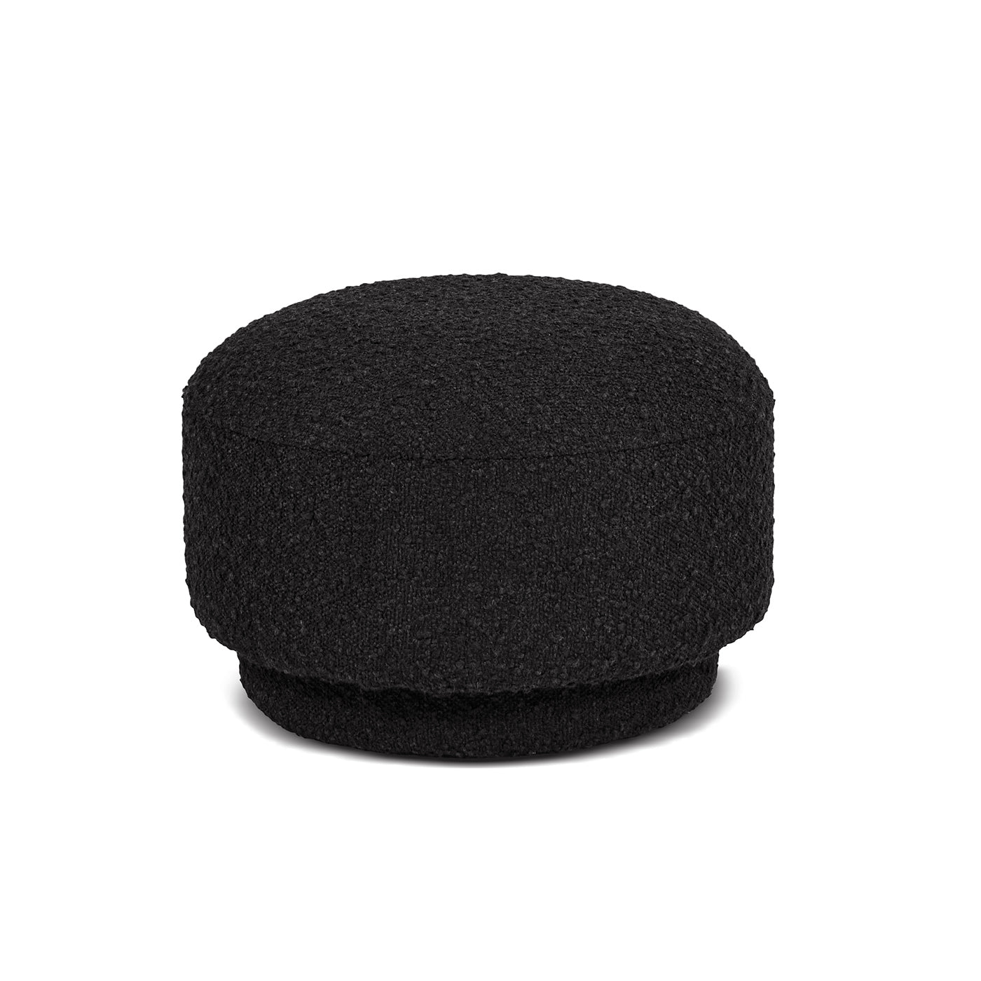 Black boucle fabric ottoman with rounded edges and a layered base perfect for modern living spaces