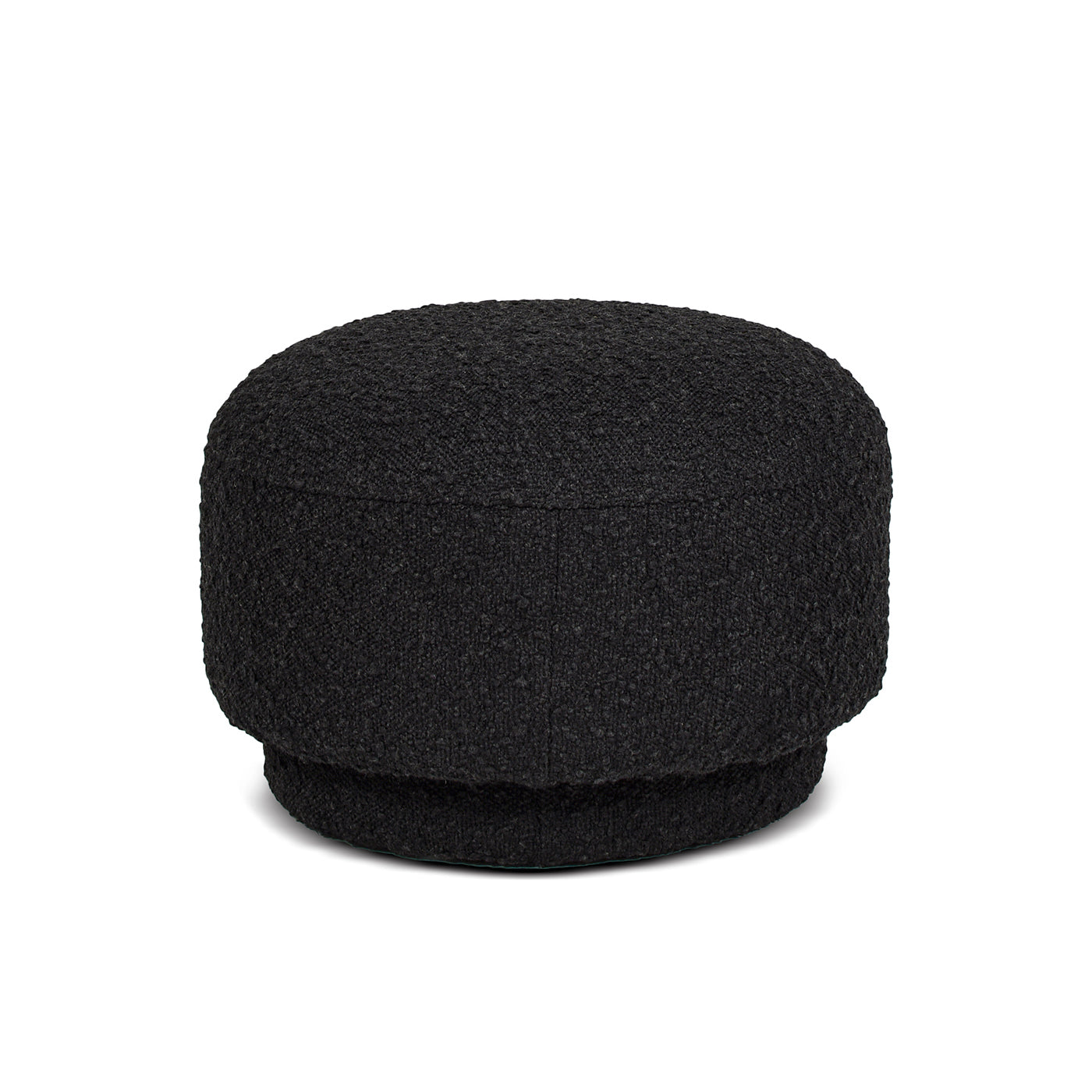 Textured black round ottoman with a modern upholstered design for living rooms