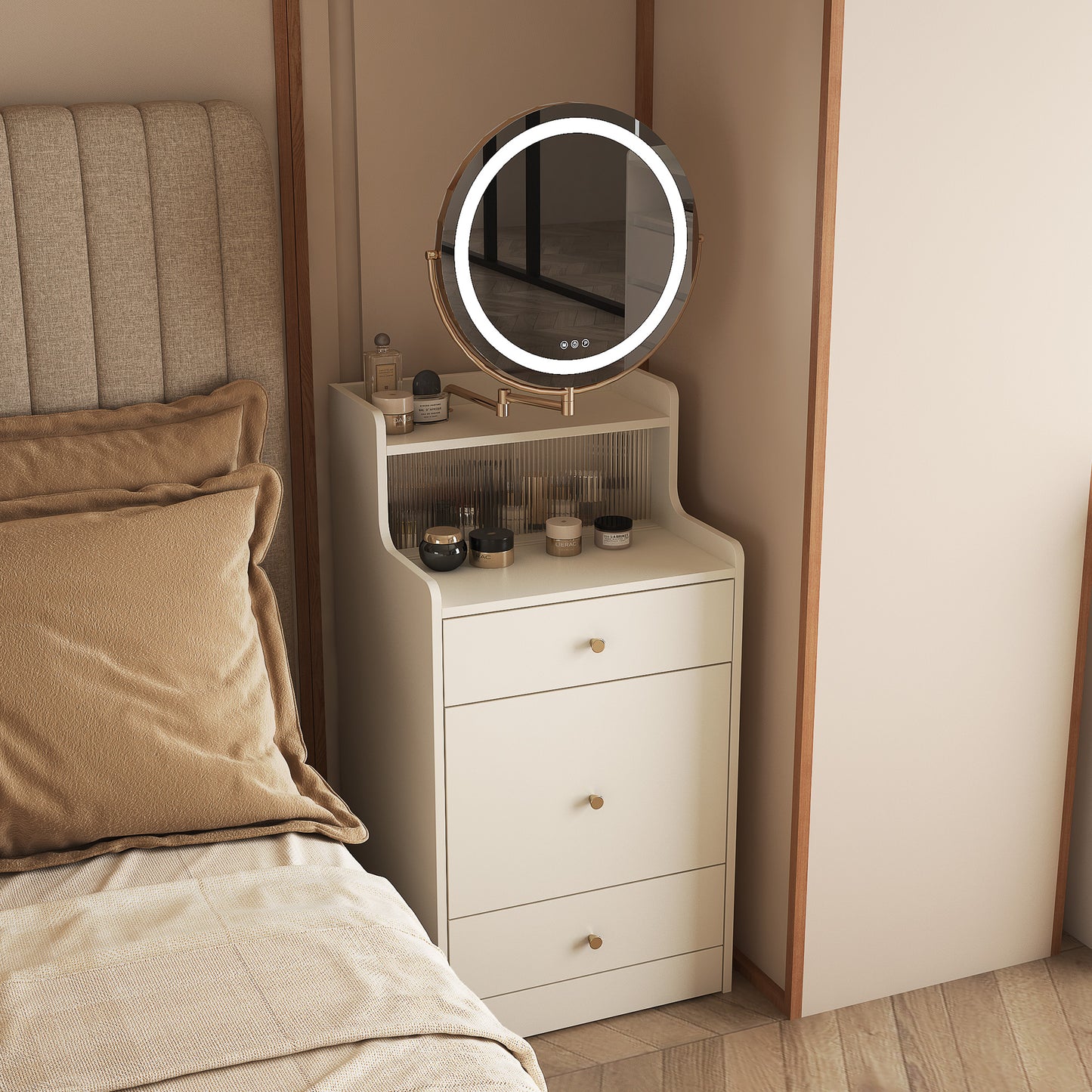 White vanity dresser with drawers and a lighted makeup mirror on top