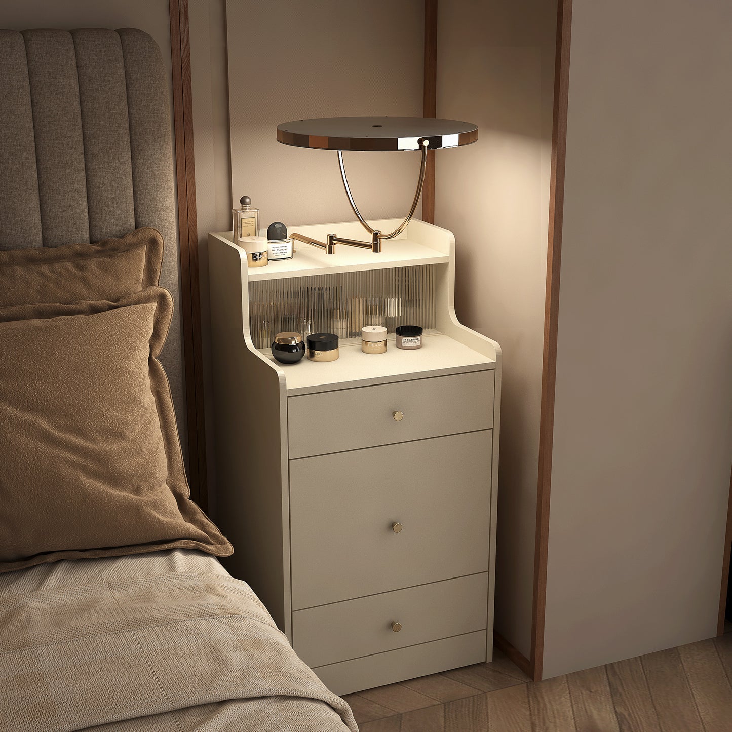 Modern white bedside table with three drawers and a ribbed glass shelf