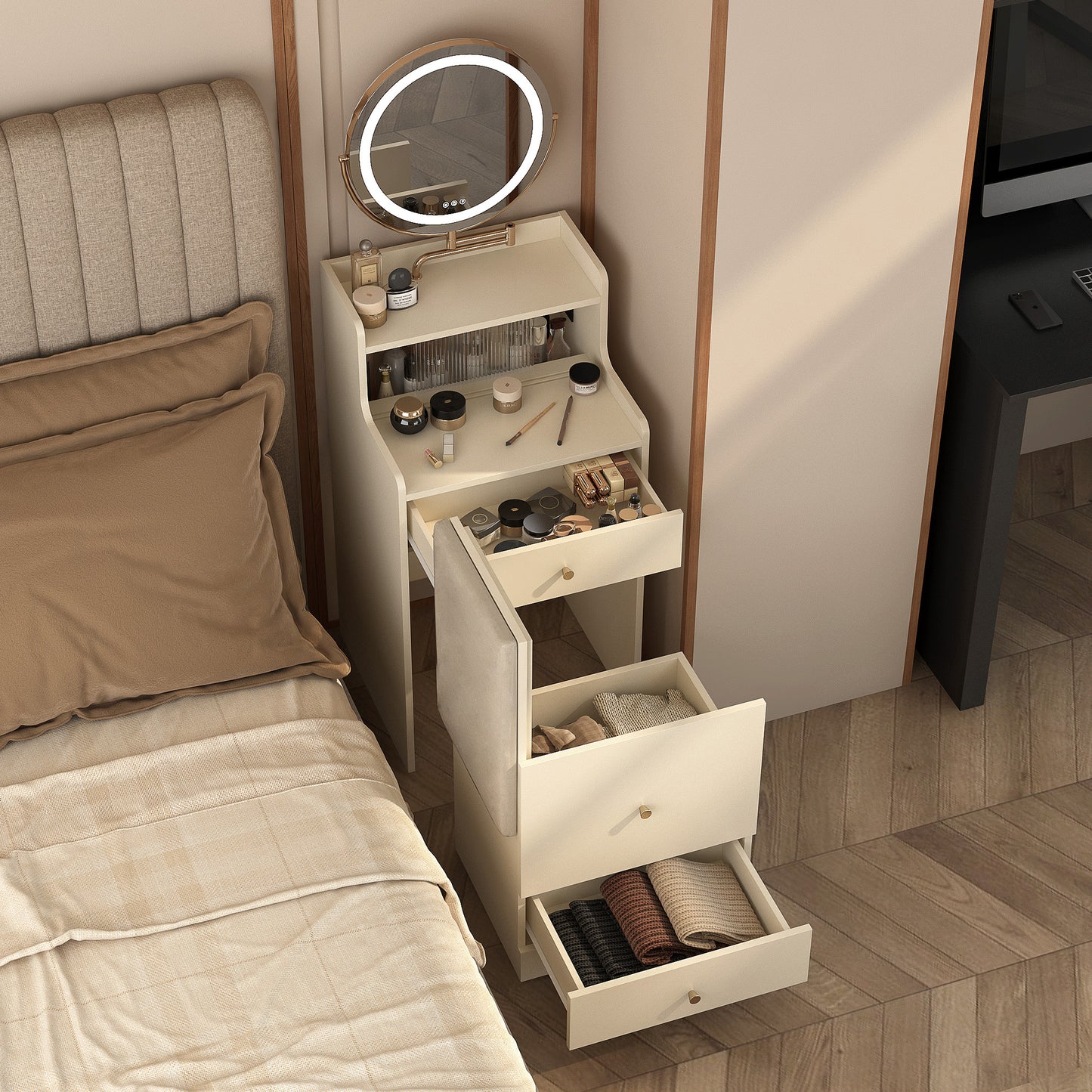 Cream makeup vanity with LED mirror and open drawers