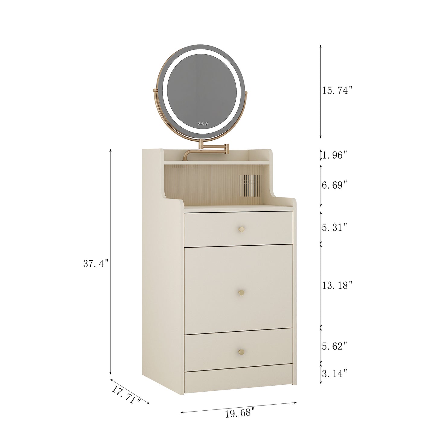 Cream modern nightstand with LED ring mirror