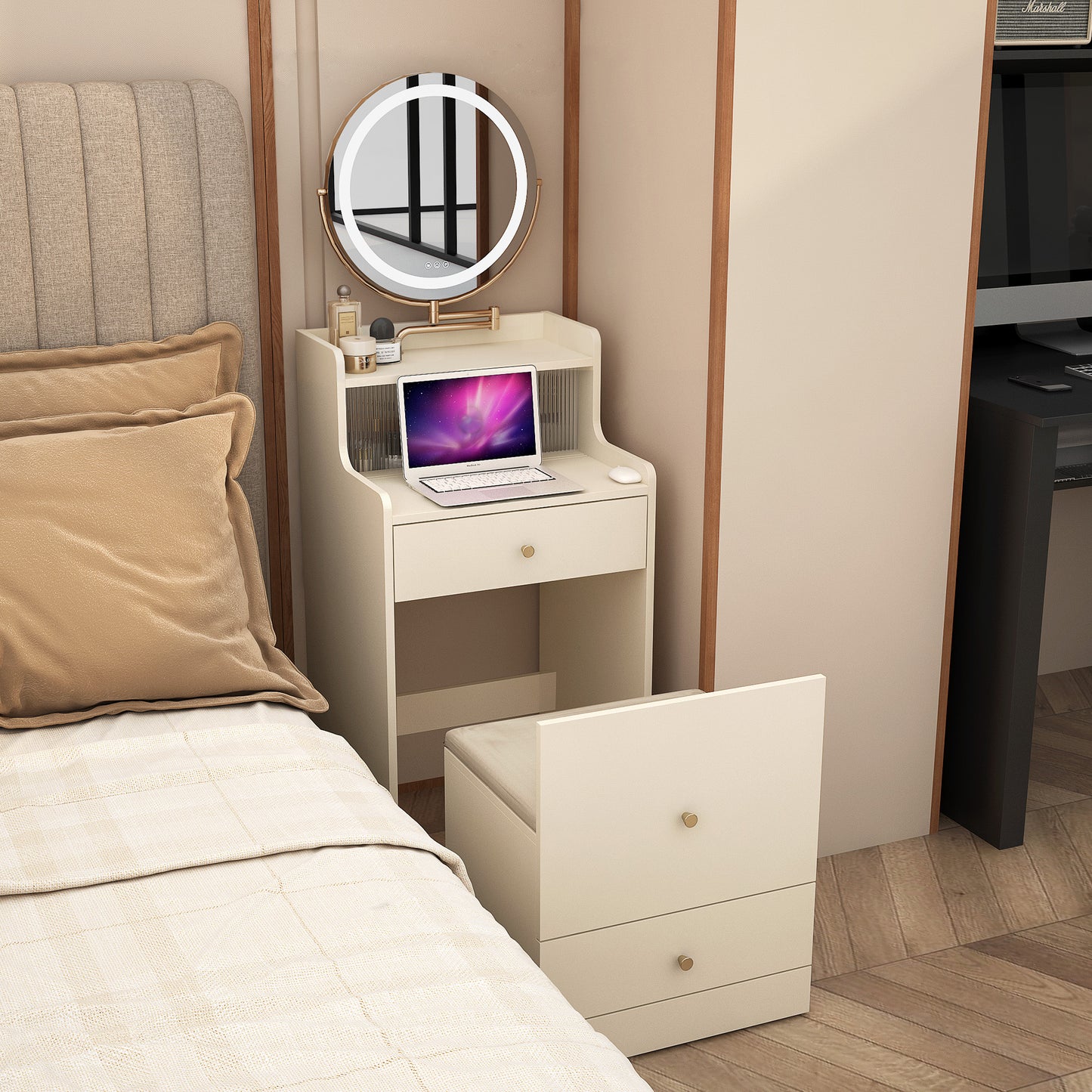 Compact ivory vanity desk with LED makeup mirror and laptop