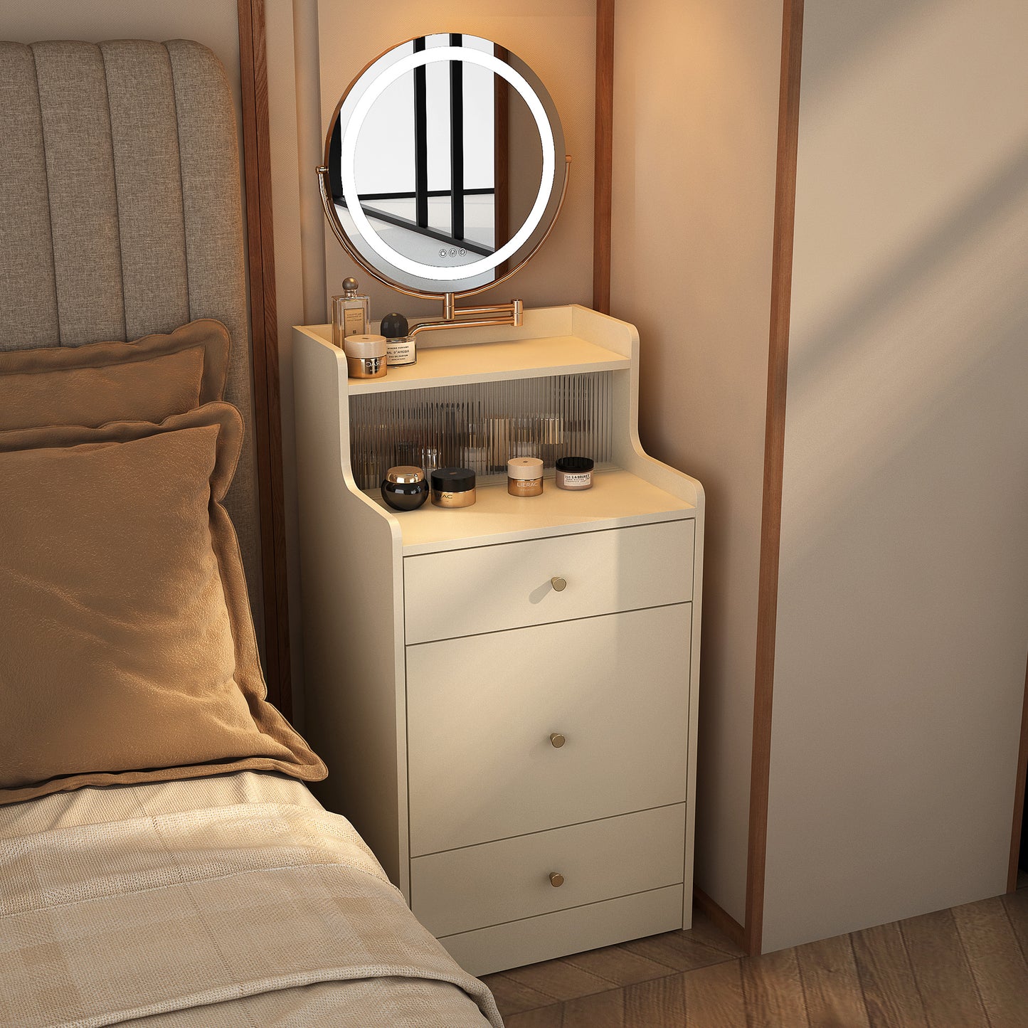 Cream bedside table with LED vanity mirror and drawers