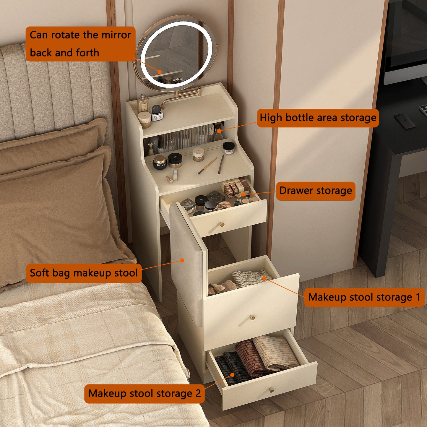 Cream vanity with lighted mirror and multiple drawers