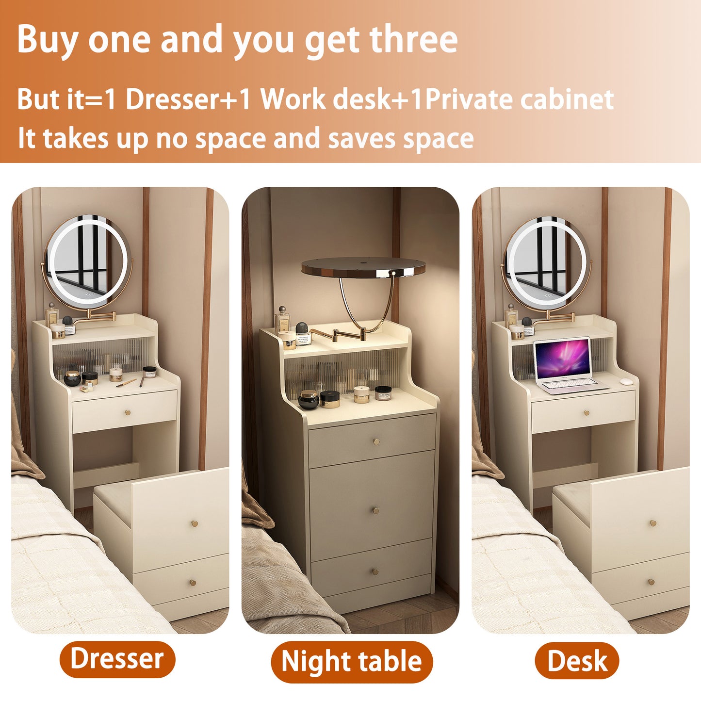 Cream modern makeup dresser with LED mirror and makeup products
