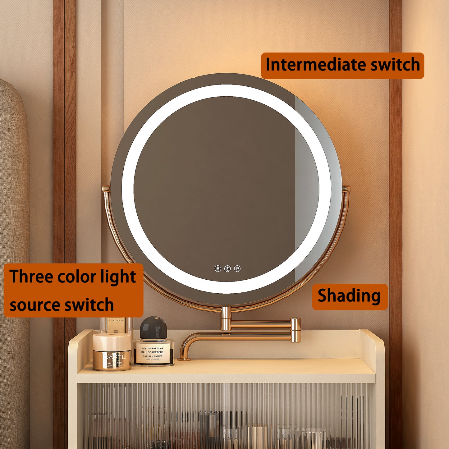 Circular vanity mirror with builtin LED lighting and touch controls