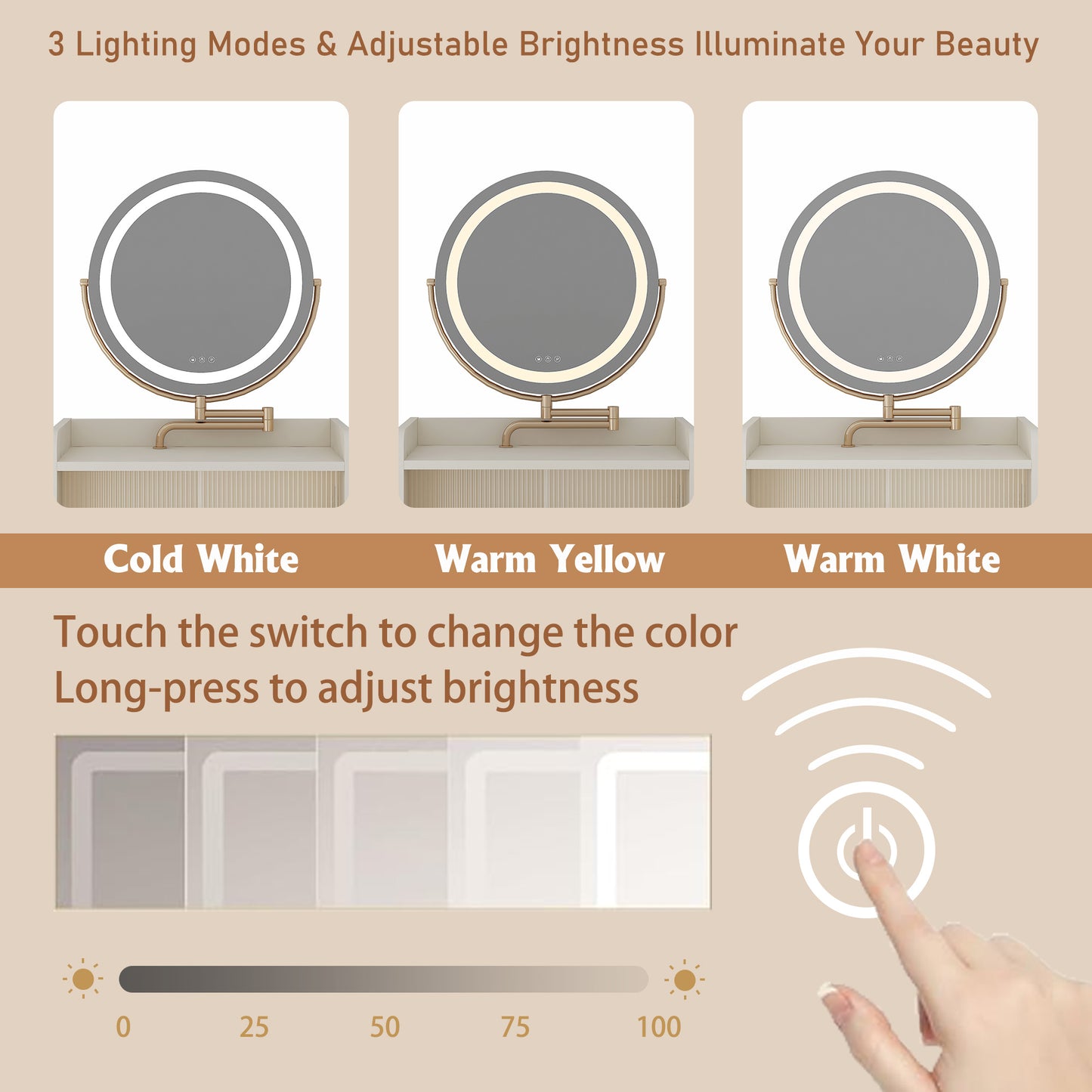 Round makeup mirror with adjustable brightness and three light modes