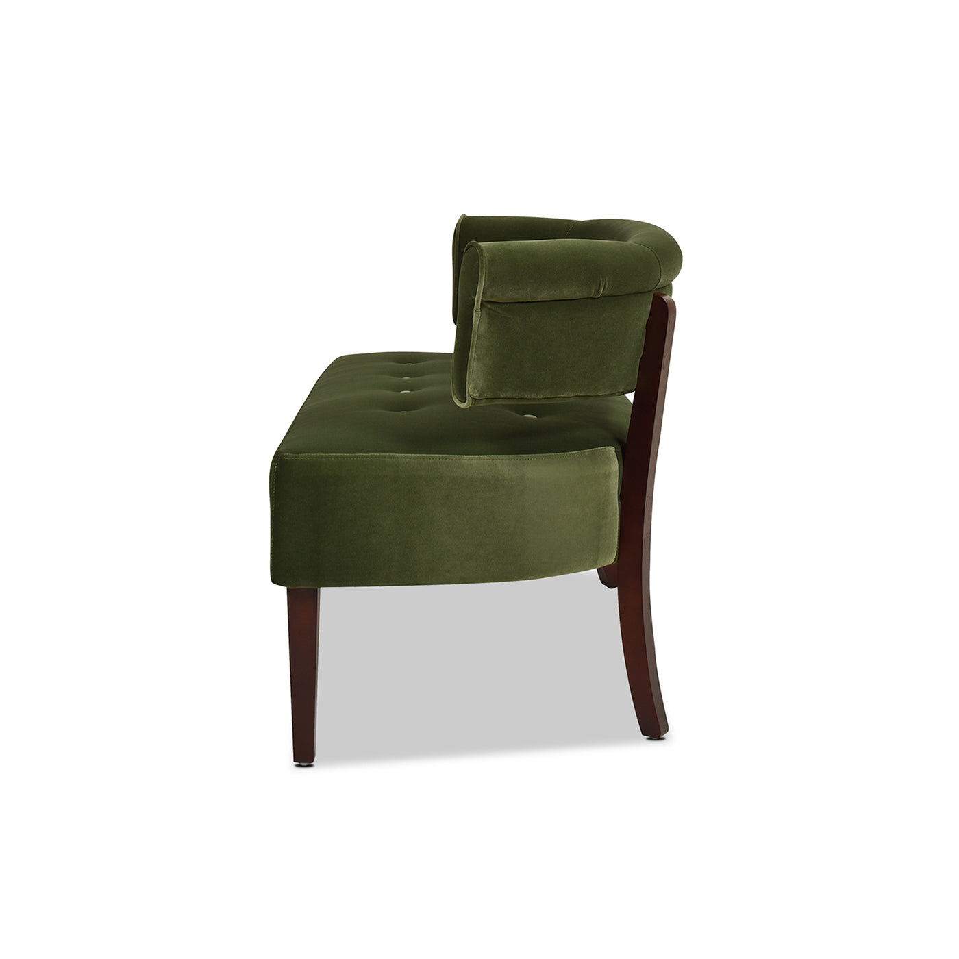 Green velvet accent chair with tufted seat and rolled arms