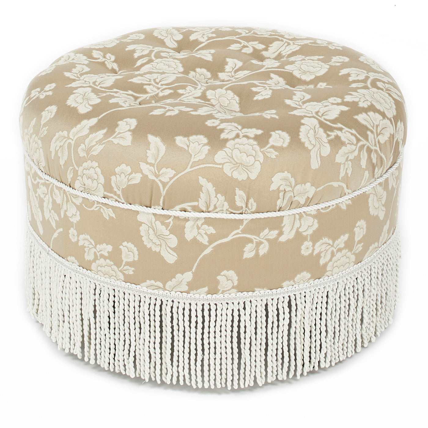 Tufted champagne ottoman with ivory floral damask pattern and fringe trim