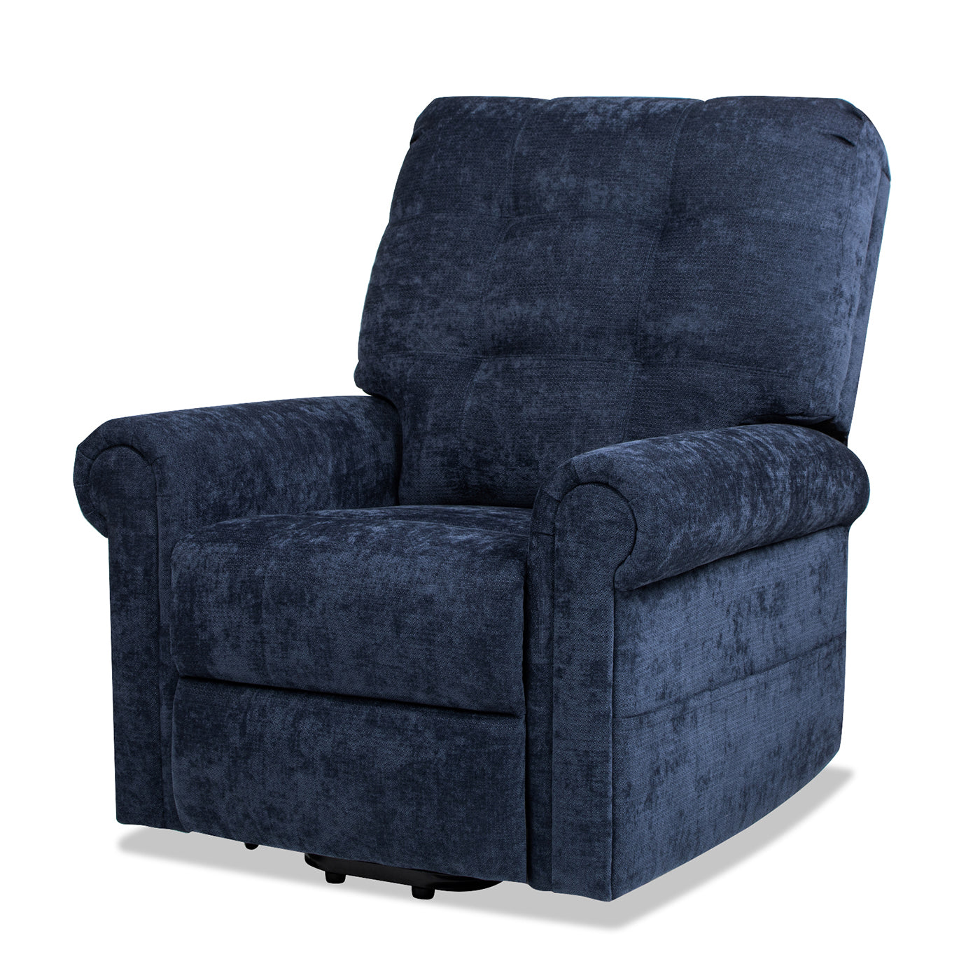 Plush navy blue recliner chair with tufted backrest and rolled arms for ultimate comfort