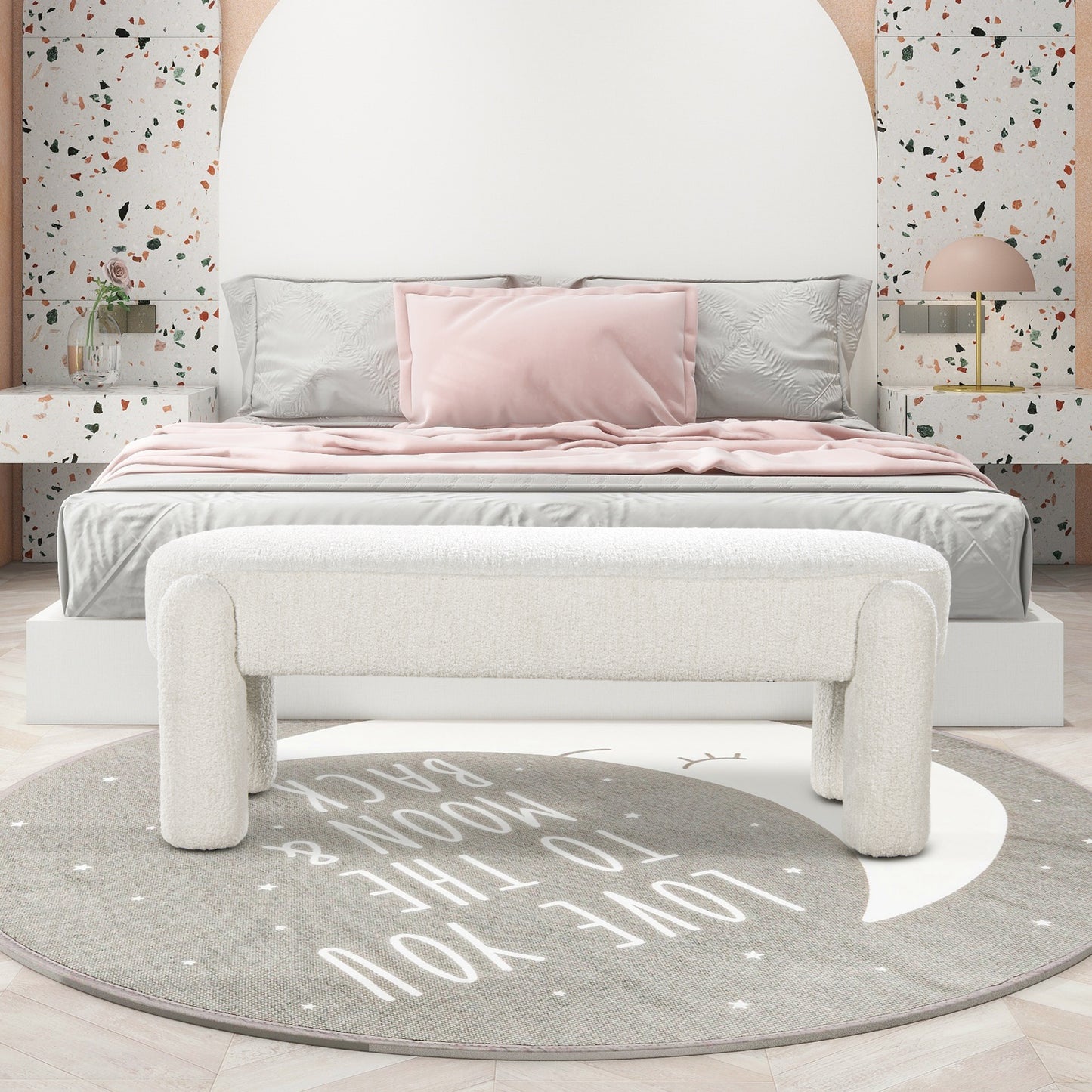 Plush white boucle fabric bench with rounded legs for modern bedroom seating