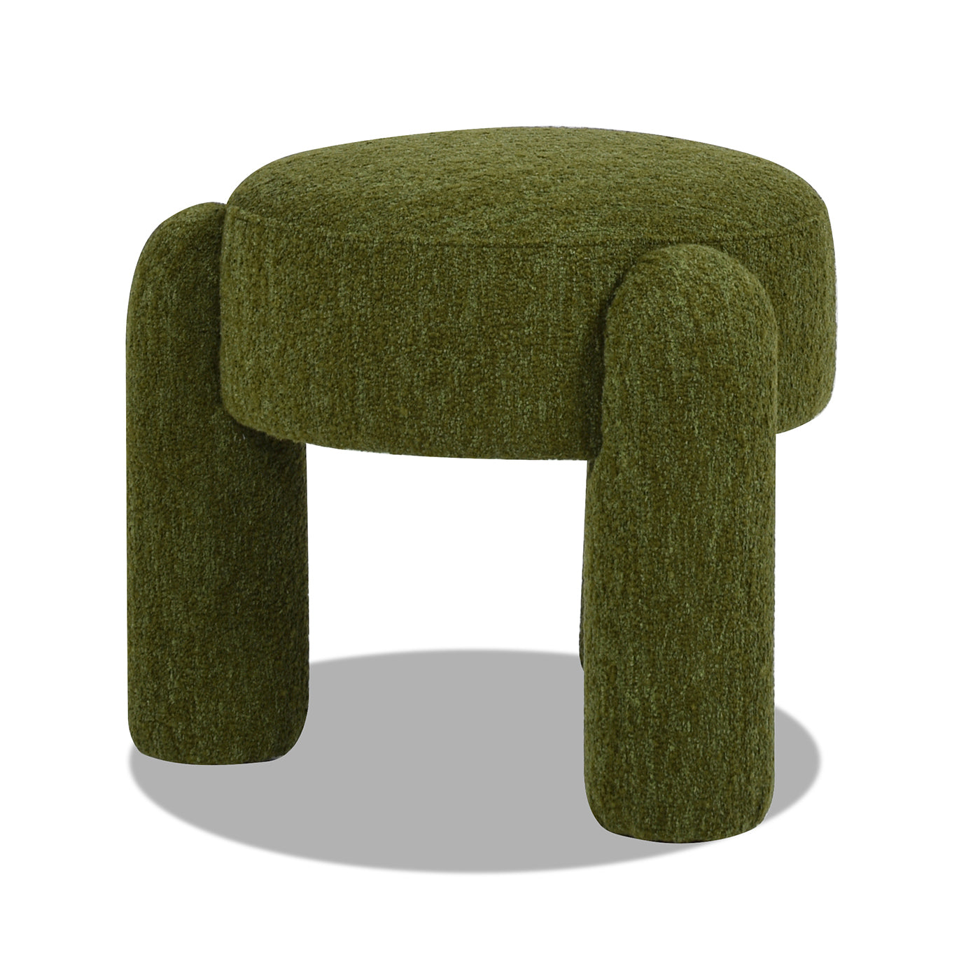 Upholstered green ottoman with four cylindrical legs ideal for footrest