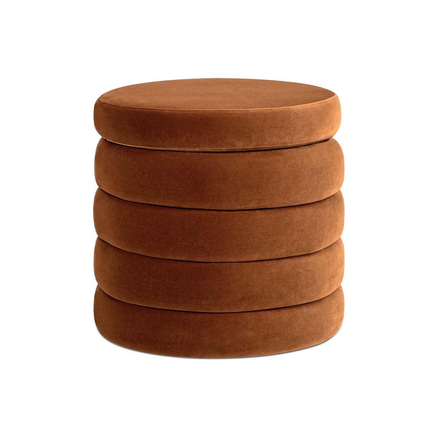 Round brown velvet ottoman stacked for modern living room decor