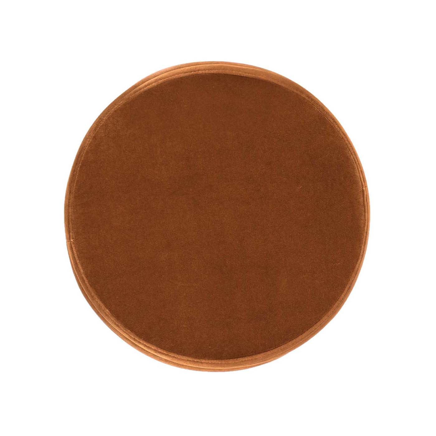 Round brown velvet ottoman with a subtle sheen perfect for accent seating