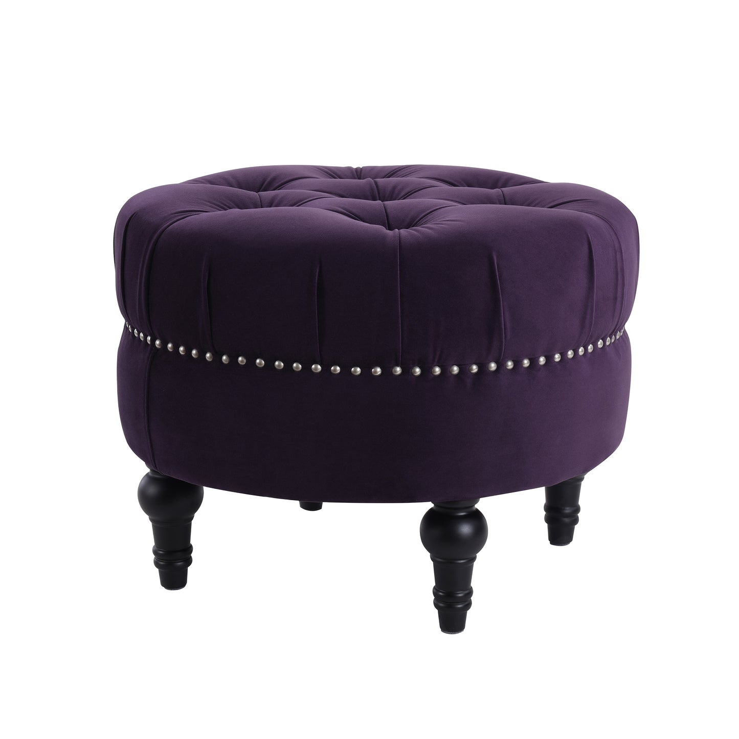 Deep purple velvet tufted ottoman with silver nailhead trim and black legs