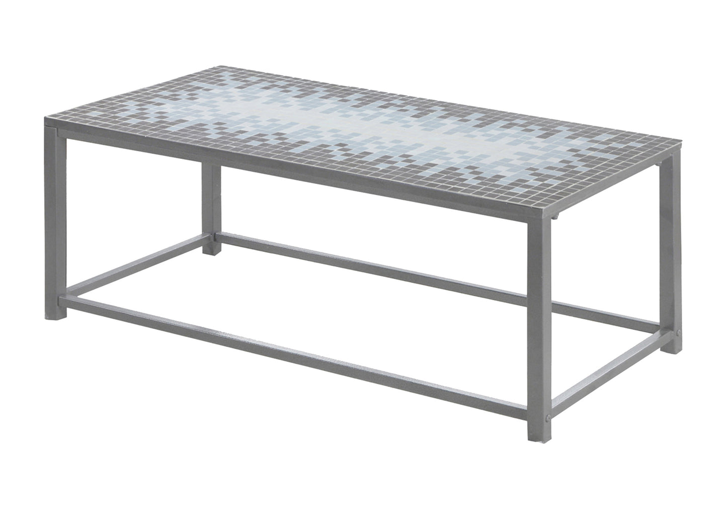Rectangular coffee table with grey metal frame and mosaic tile top featuring blue and grey squares