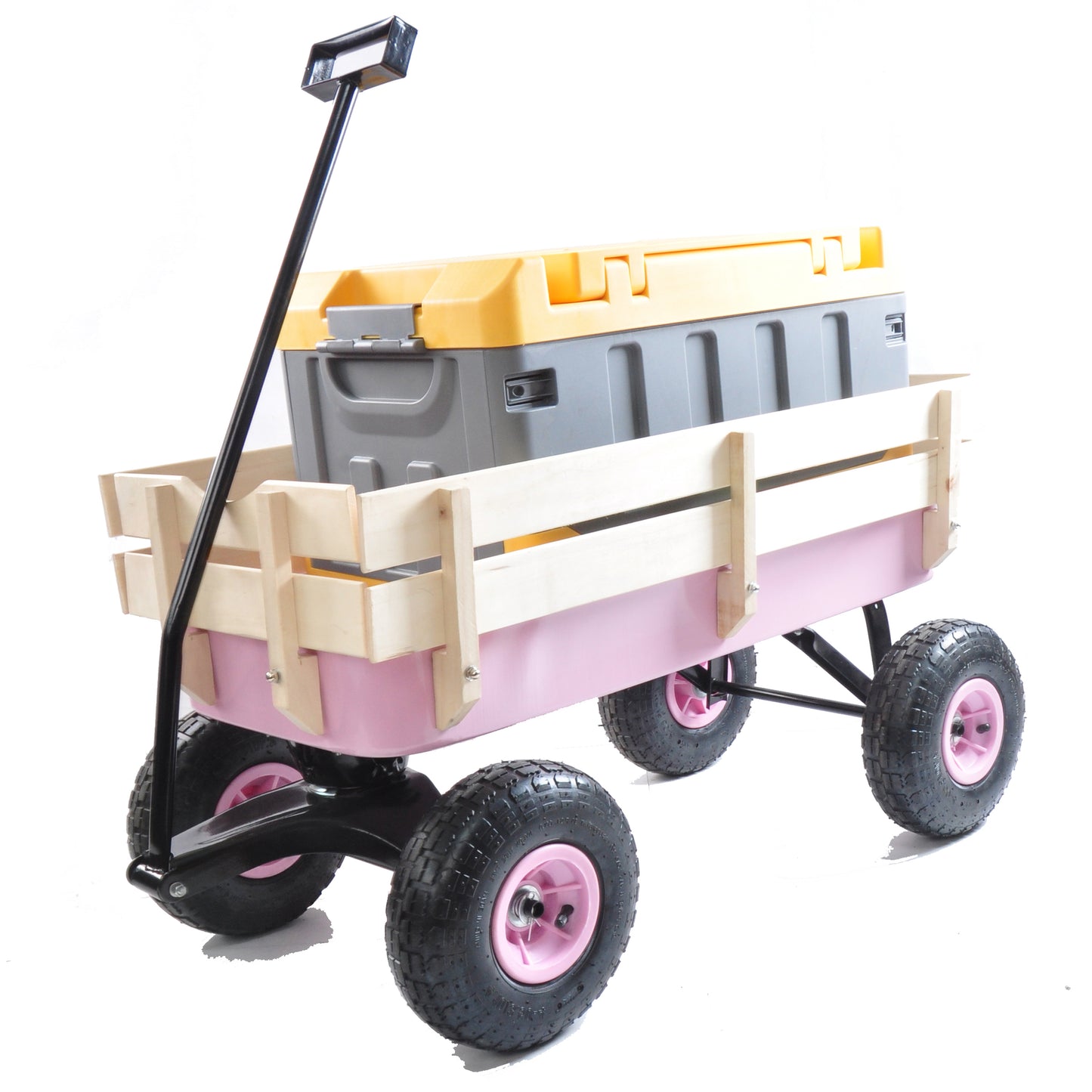 Pink garden cart with wooden sides loaded with grey and yellow storage bins