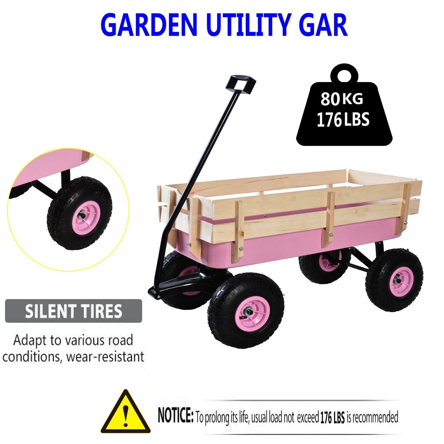 Pink garden utility wagon with wooden sides and silent wearresistant tires for outdoor hauling