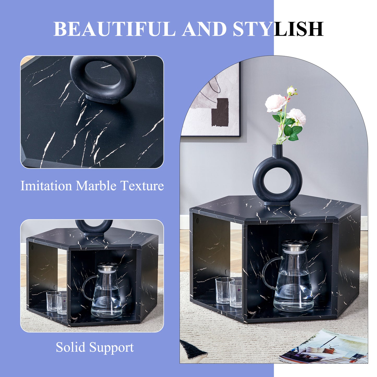 Black hexagonal side table with imitation marble texture and chrome trim