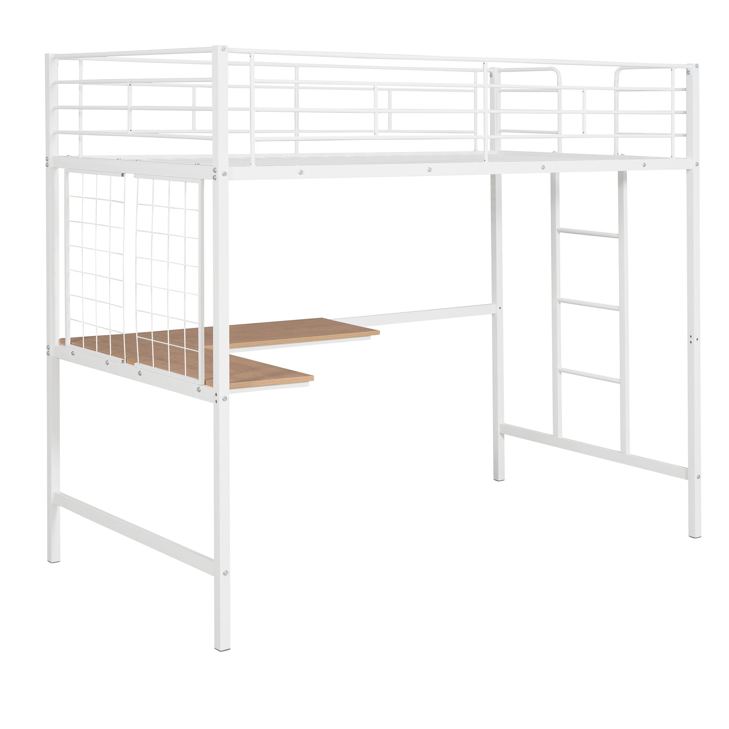 White metal loft bed with integrated desk and ladder