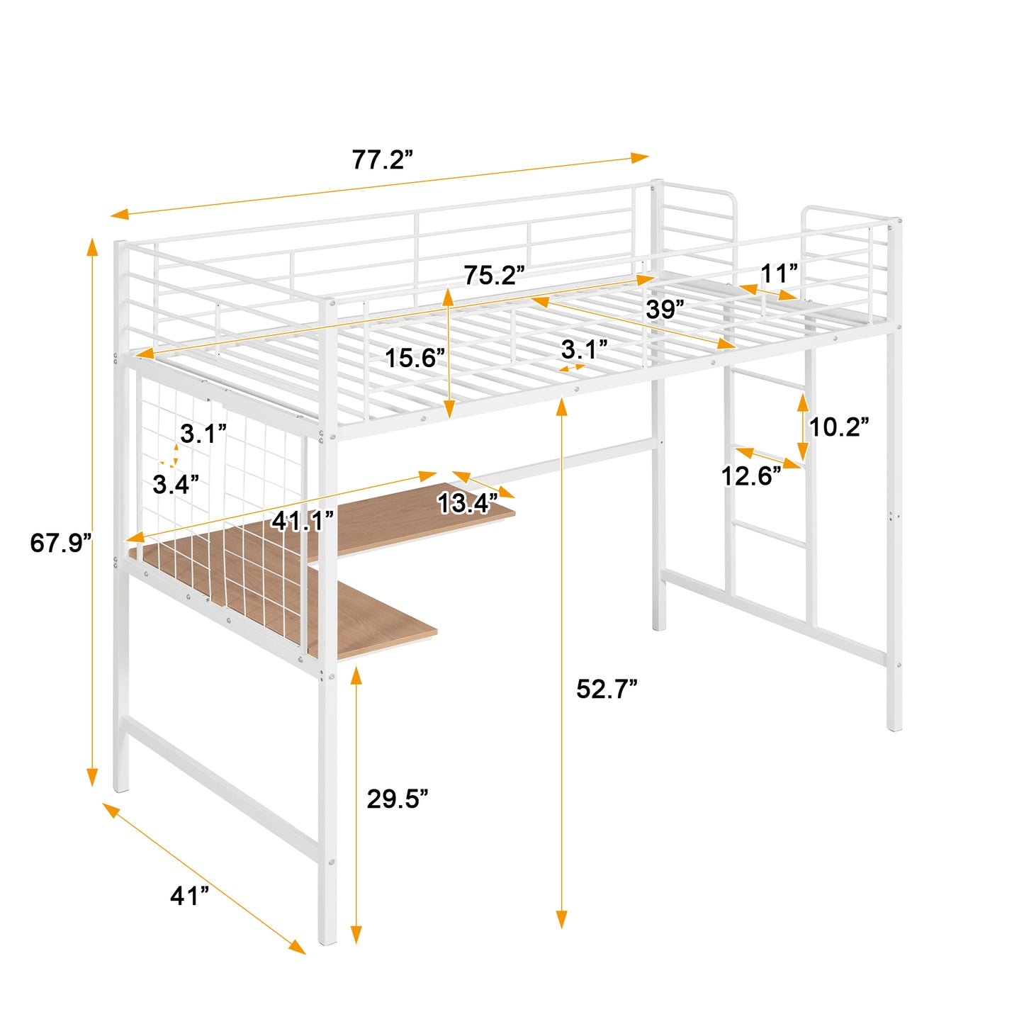 White metal loft bed with desk and shelves W x H