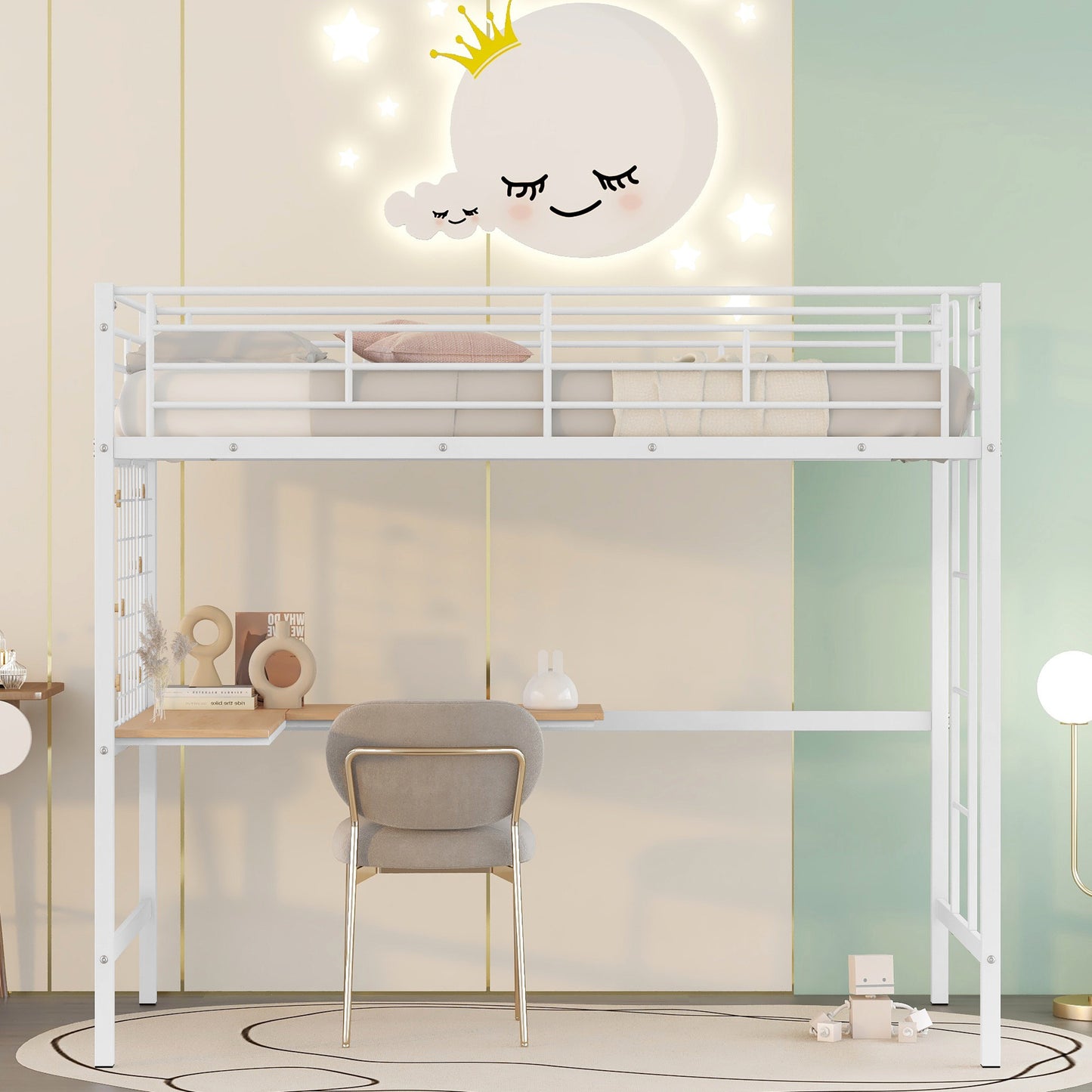 White metal loft bed with integrated desk and chair
