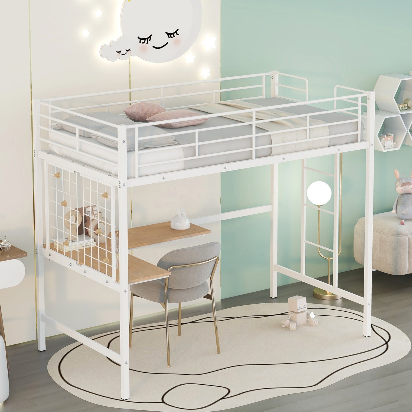 White metal loft bed with desk for kids
