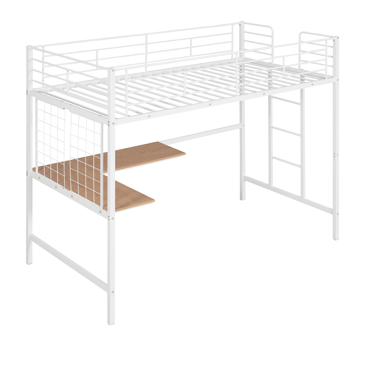 White metal loft bed with integrated desk and ladder