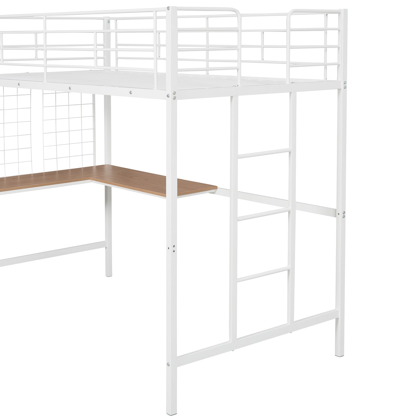 White metal loft bed with integrated desk