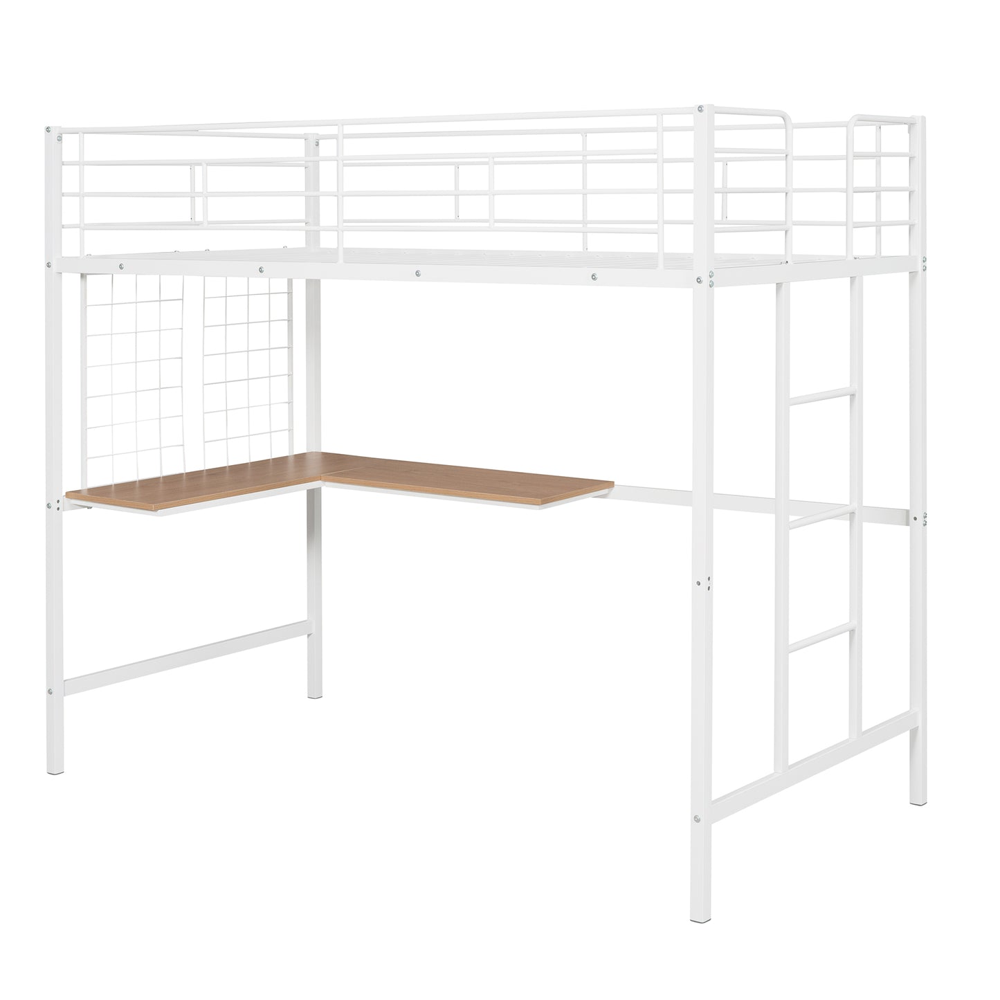 White metal loft bed with integrated Lshaped desk and side ladder