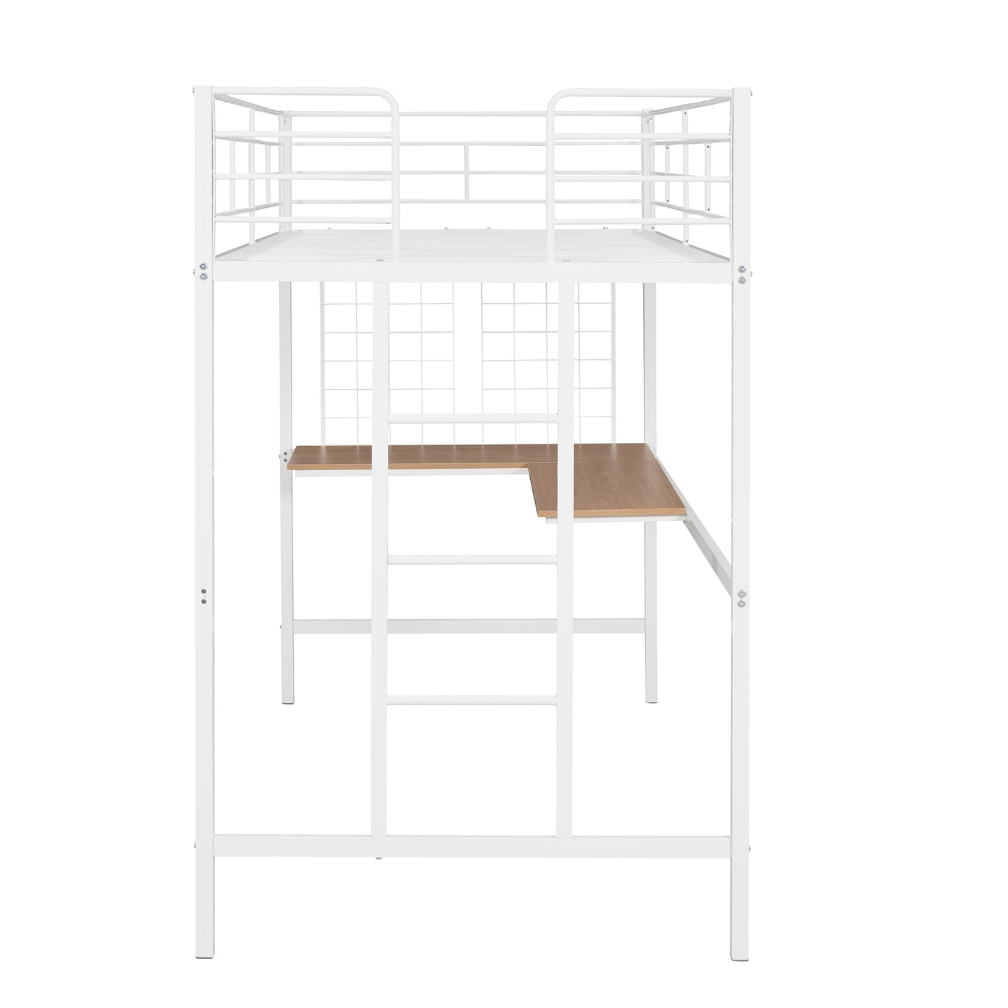 White metal loft bed with a desk and ladder