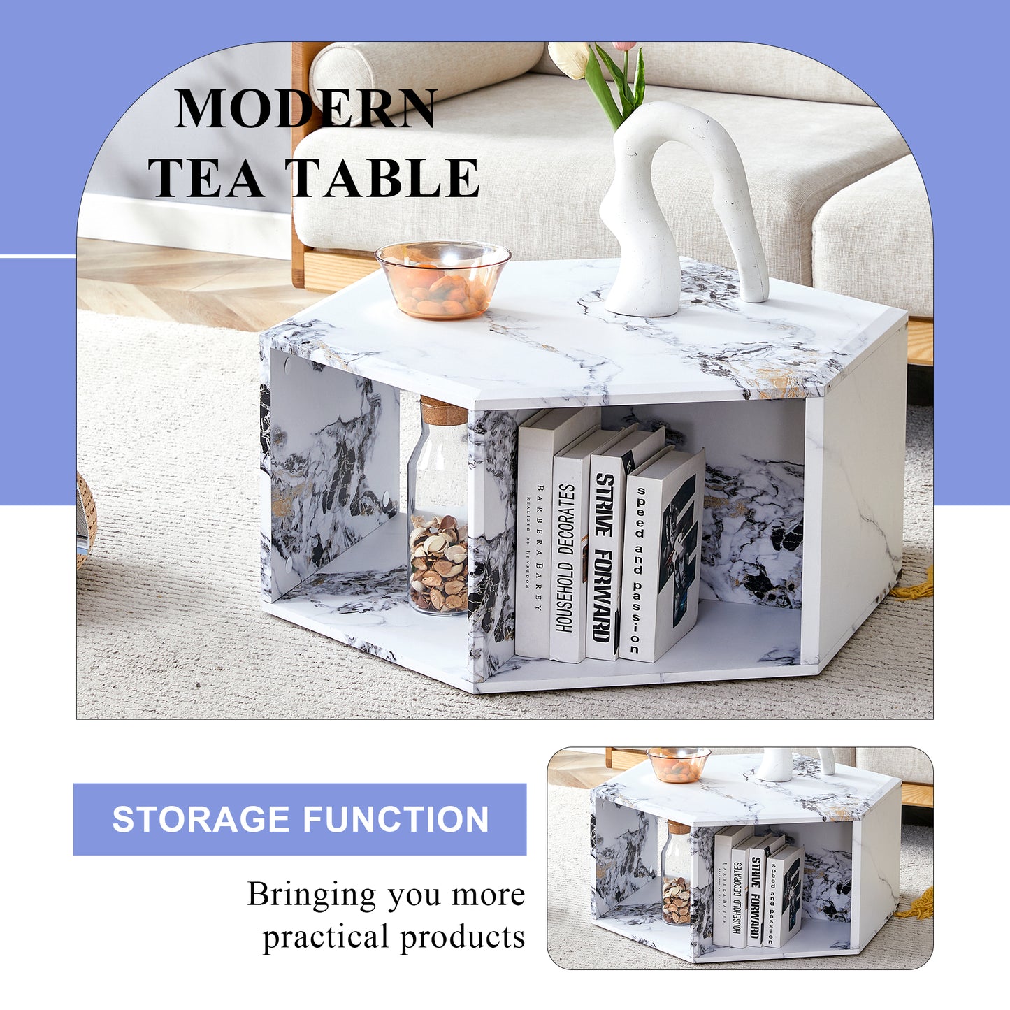 Hexagonal modern tea table with marble print and gold accents featuring open storage