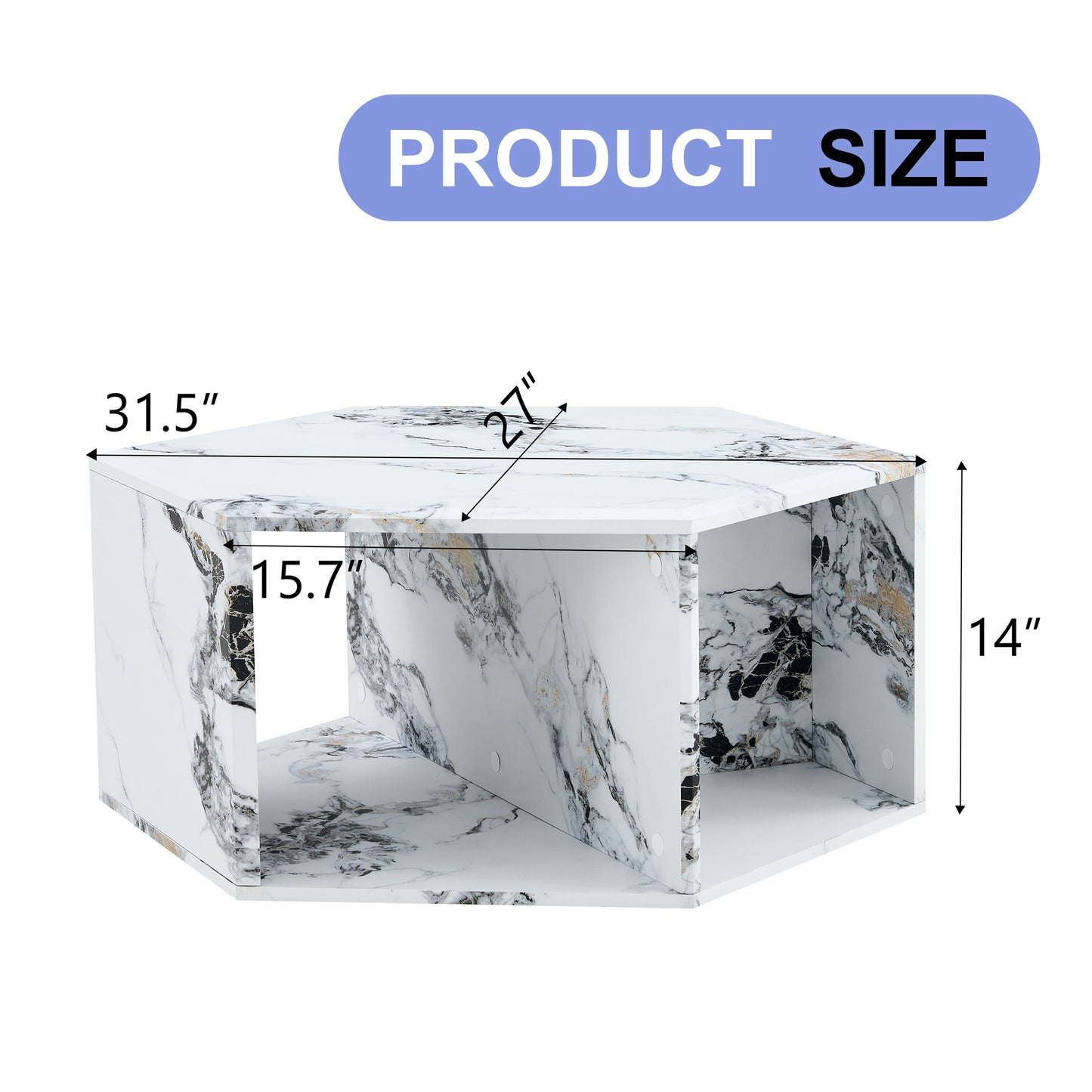 Hexagonal end table with white marble finish and gold accents L