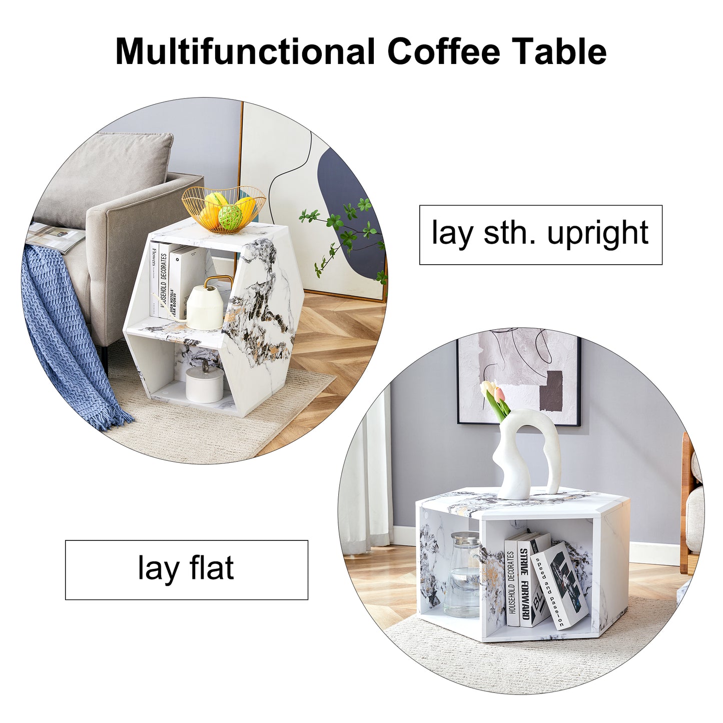 White marble patterned hexagonal coffee table in upright configuration